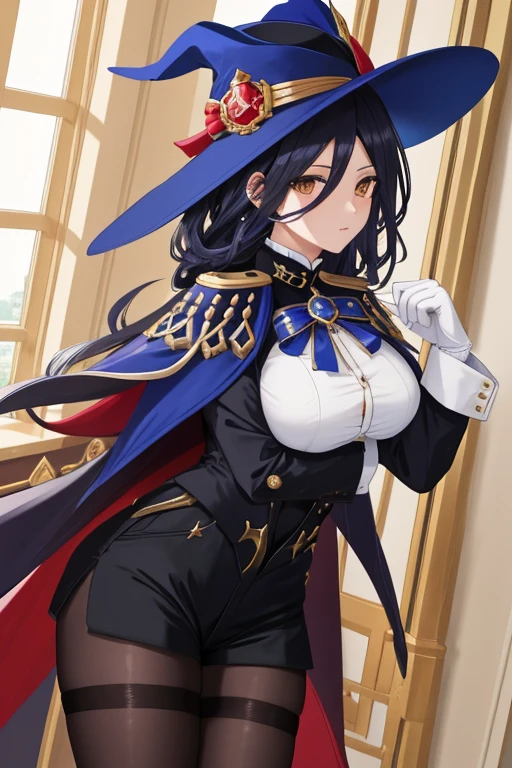 masterpiece, best quality, highly detailed, 1 , Alone, gychlorinde, golden eyes , big breasts, hair between the eyes, Long hair, dark blue hair tied up , toys,  short curto de couro apertado pantyhose, black jacket , red cape , , BLACK TIGHTS, black tight short shorts , white gloves, , tem, three-cornered hat, 