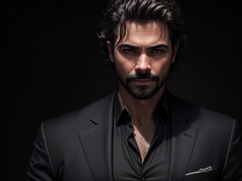 a man, solo, old individual, ultra-detailed, 8k, studio photography, vibrant expression, thick hair, sharp features, confident gaze, sleek black suit, classic Hollywood style, salt-and-pepper hair, well-groomed beard, weathered yet striking features, tailored dark jacket, timeless charisma, dramatic studio lighting, minimalist background, glamour of Hollywood, contrast between youth and experience