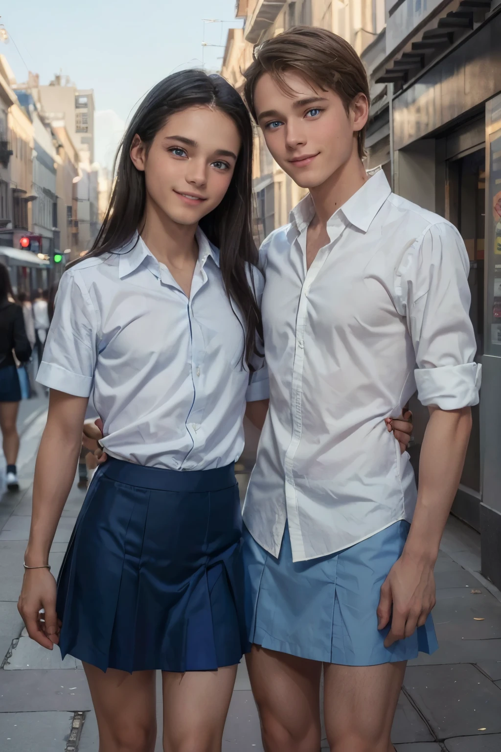 ((Artwork)), (best quality), ((2 male, gays, male gender,  adult human, boy face, petit body, cute)), gazing at viewer, (big smile), ((blue eyes, long dark hair)), happy, ( school uniform, white collared shirt, blue short skirt), standing, feminine mannerism. On a crowded streets with his( blonde gay boyfriend, gay relationship), 