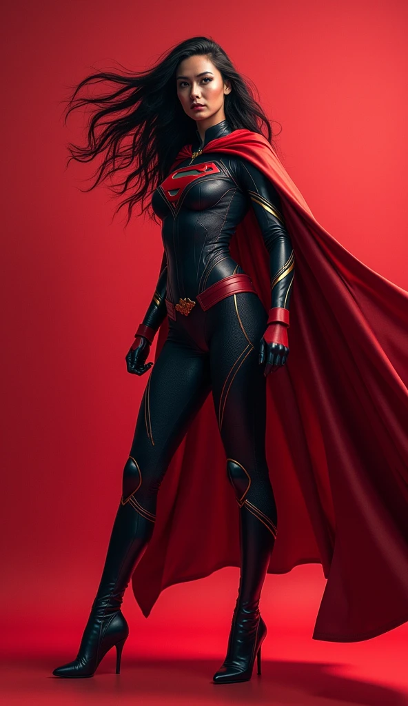 HYPER REALISTIC. A GOTHIC FEMALE WITH LONG BLACK HAIR, RED VAMPIRE EYES, LONG BLEEDING VAMPIRE FANGS SHOWING, WEARING A BLACK GOTH SUPERGIRL COSTUME AND CAPE, GOTHIC BOOTS, AND A BLEEDING "S" EMBLEM ON HER CHEST. STRUGGLING TO KEEP FROM RAGING OUT AND BECOMING MASSIVELY MUSCULAR AS A GIANT SWIRLING 3D RIFT OPENS BENEATH HER FEET.