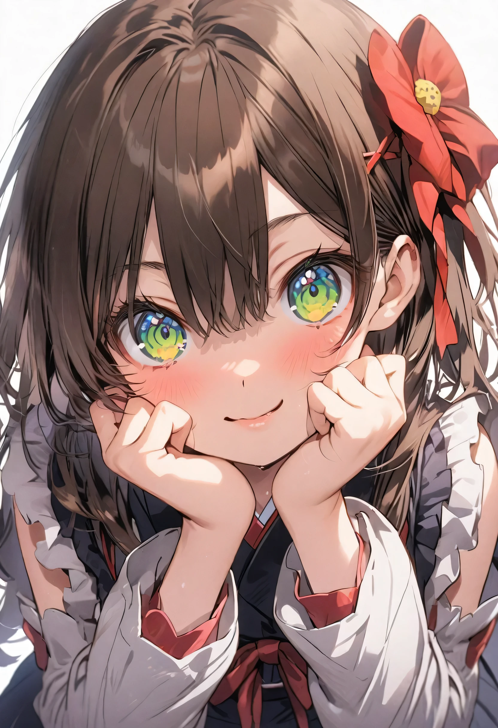 Japanese anime girl with brown hair and green eyes wearing clothes in front of the camera