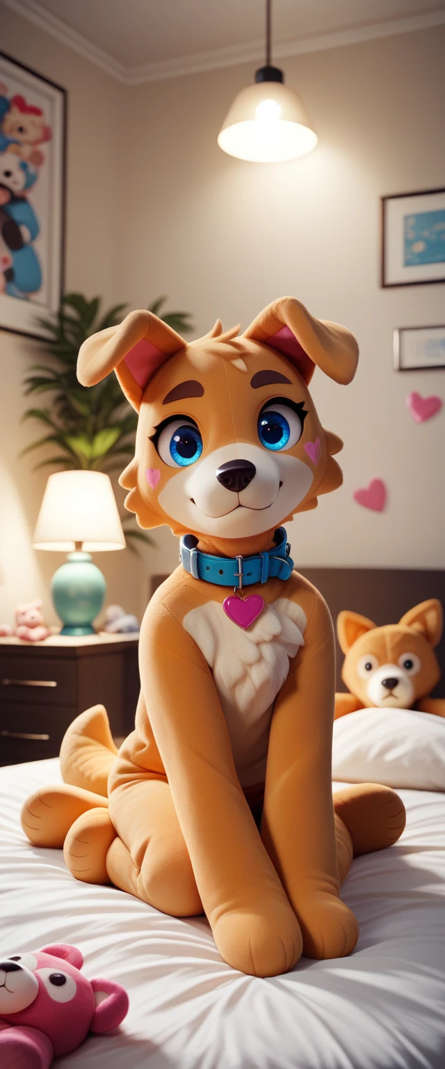 Jake stuffed animals are dressed in blue and hearts sitting on a bed, lamp, collar, blue eyes, furry, indoors, bed, animal ears, looking at viewer, dog ears,fursuit ,Fursuit, fursona,Fursuit 