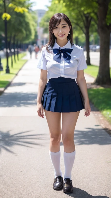 Japanese Mature,60 years old,White skin,(Chubby,Large Breasts,Emphasizes plump thighs:1.2),(Japanese High School Uniform, Short sleeve shirt, Ribbon on shirt, Ultra short pleated micro mini skirt, Navy blue socks, Wearing loafers:1.2),Wearing earrings,(Standing in the park,Full body shot from head to toe,Full body view:1.2),looking at viewer,smile,surrealism, depth of field, from below, Sony FE, 8k, nsfw