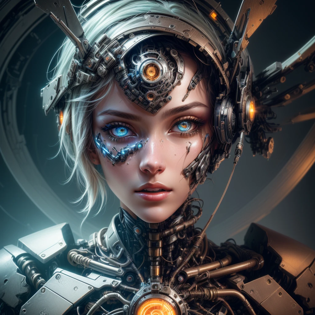 a close up of a person with a weird face and hair, intricate transhuman, humanoid woman, broken beautiful female android!, (best quality,4k,8k,highres,masterpiece:1.2),ultra-detailed,(realistic,photorealistic,photo-realistic:1.37), sci-fi digital art, cyborg woman, humanoid portrait, complex cybernetic beings, cyborg portrait, cyborg girl, cracked. biomechanical cyborg, detailed portrait of a cyborg, cyborg - girl, digital art 4k unsettling, beautiful detailed eyes, beautiful detailed lips, extremely detailed eyes and face, long eyelashes, intricate cybernetic enhancements, advanced biomechanical engineering, futuristic biomechanical design, hyper detailed metallic textures, advanced cybernetic implants, glowing cybernetic circuitry, striking neon color palette, dramatic chiaroscuro lighting, cinematic composition