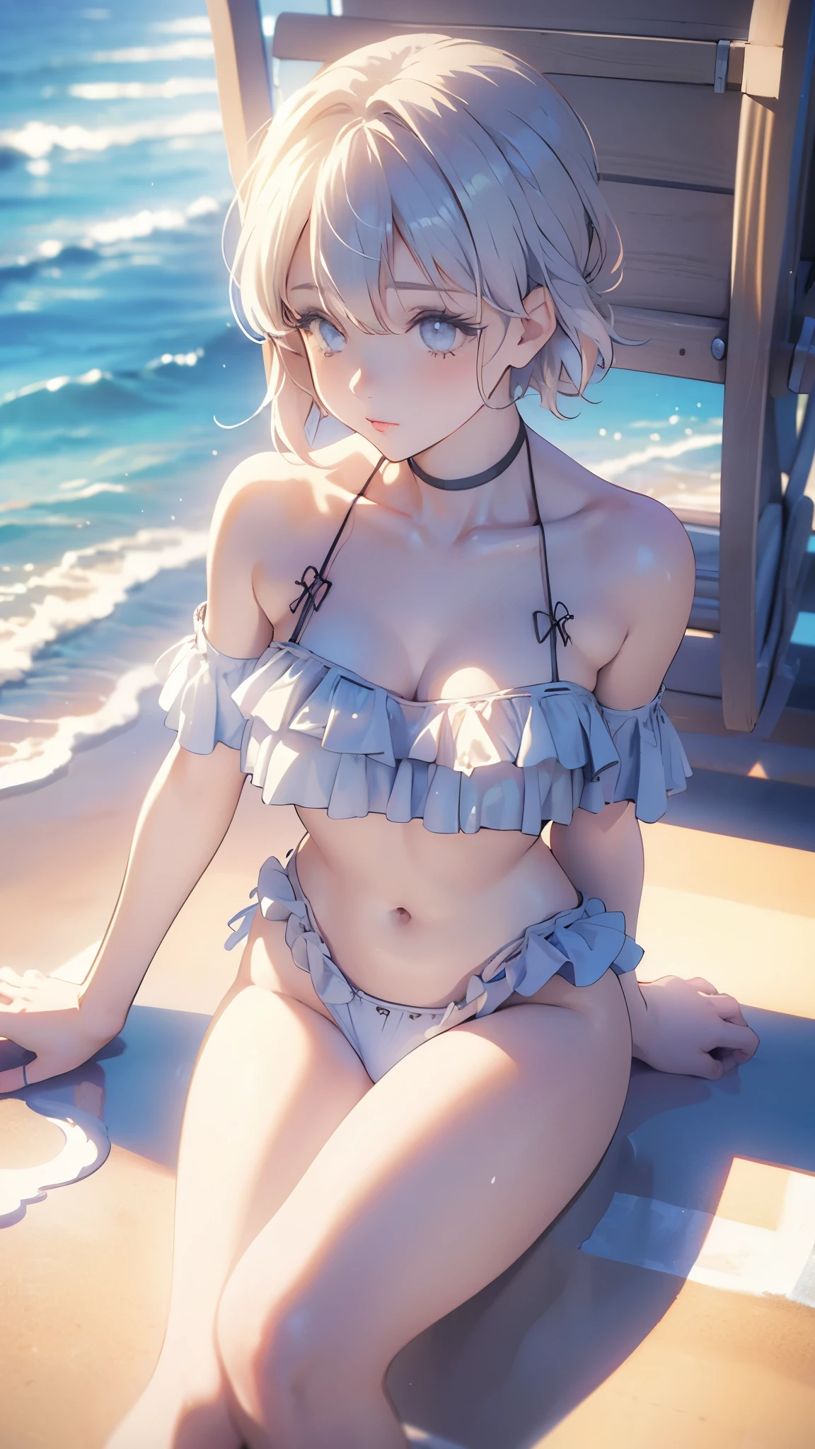 (High resolution, accurate, Best Quality, Anatomically correct, masterpiece), 1girl, large breasts, tareme, choker, hair bow, glossy lips, beautiful detailed eyes, sitting, beach, swimsuit, short hair