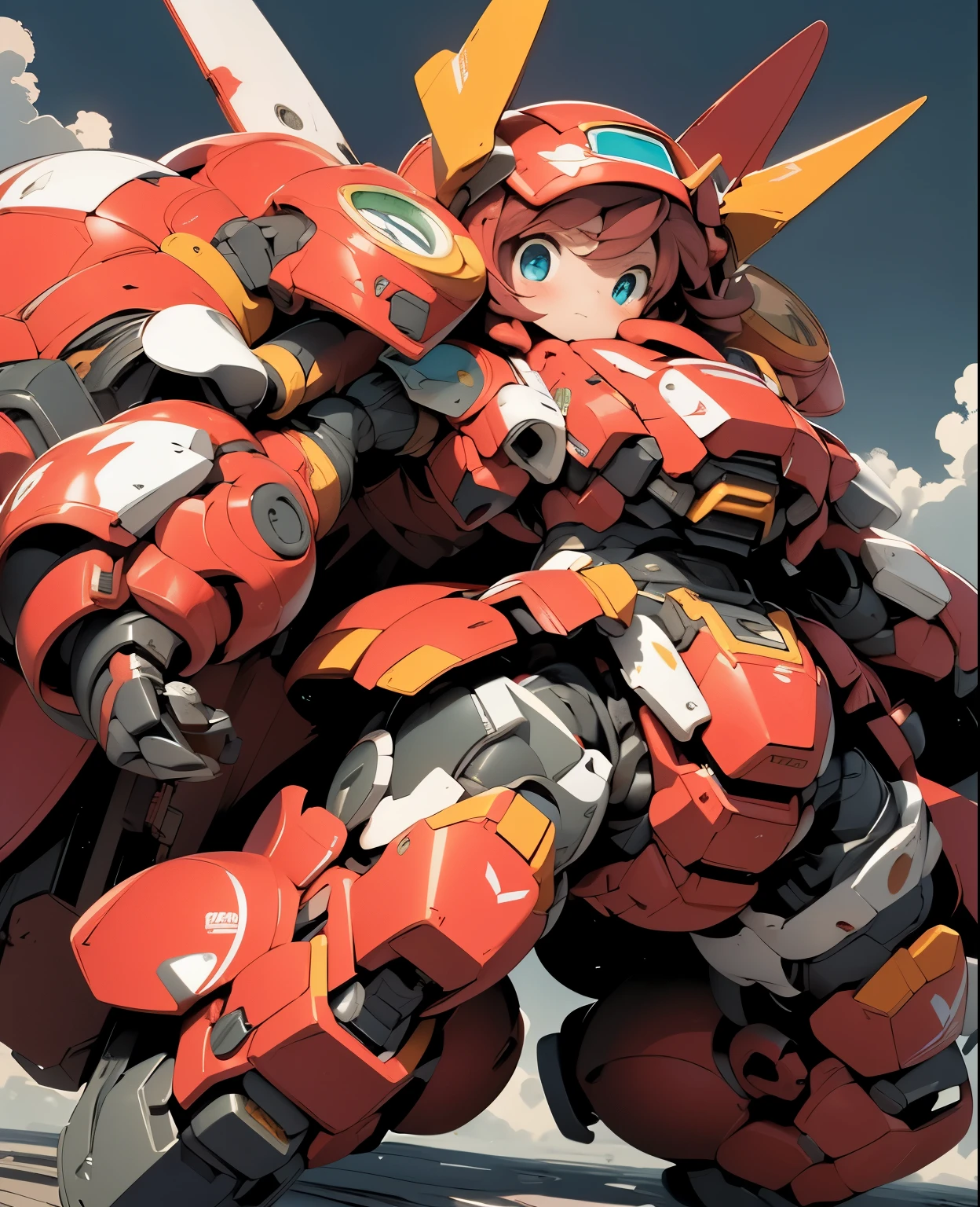 (((1 chibi girl in large red-colored robot costume, from below))), ssmile, (holding weapons), (chibi), (bulky:1.8), (((helmet:1.5))), large cute face, (((looking down:1.5))), mechanical parts, ((mechanical wings)), (full armor:1.8), (mecha armor:1.8), (shoulder guards:1.2),(huger arms), ((mechanical arms:1.5)), (short legs), (huger body:1.8), (heavy equipment:1.6), (from below), (headgear), blue sky, white clouds, robot joints, becoming a mecha, mecha, (RARS), (HRS), ROBOTANIMESTYLE, BJ_Cute_Mech,cute, girl BREAK ((masterpiece)), vibrant colors, 8k, best quality, ultra detailed illustration, ((best quality)), ((high resolution)), flawless skin textures, shiny oiled skin, extremely detailed anime eyes , extreme light and shadow