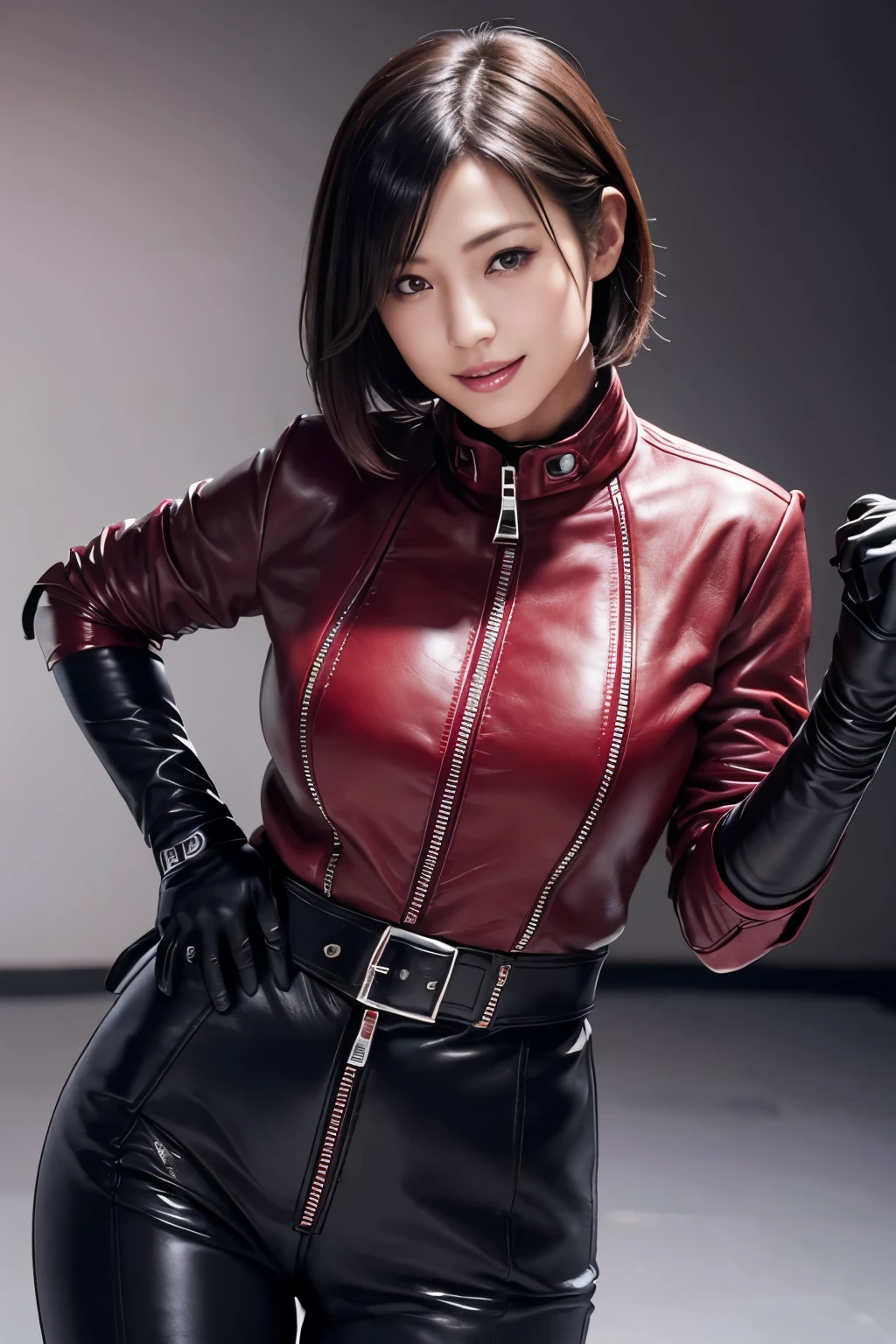 (Realism:1.4),Resident Evil 6,Ada,Short Hair,No background,look at me,A body that makes you want to touch it,foxy make up,The most beautiful stars,Photorealistic,Ultra HD,high quality,masterpiece,Detailed details,Anatomical basis,Depicted in detail,A detailed face,Realistic skin texture,Vivid details,Perfect Anatomy,Perfect Anatomy,Anatomically correct hand,Anatomically correct fingers,Super Detail,Pink Lips,fearless smile,she is Wearing ((long sleeve rider jacket(red leather))(((close the zipper tightly)))) and ((one waist belt)(Black leather)(metal buckle)) and ((Skinny long pants(Black leather))) and ((((gloves)))(black leather)),intelligent and beautiful star model,(chin is thin),Costume made of thick leather fabric,Japanese female new recruits (under huge breasts)(slender body shape)(Black leather gloves cover both hands) ,younger face,3/4 shot,