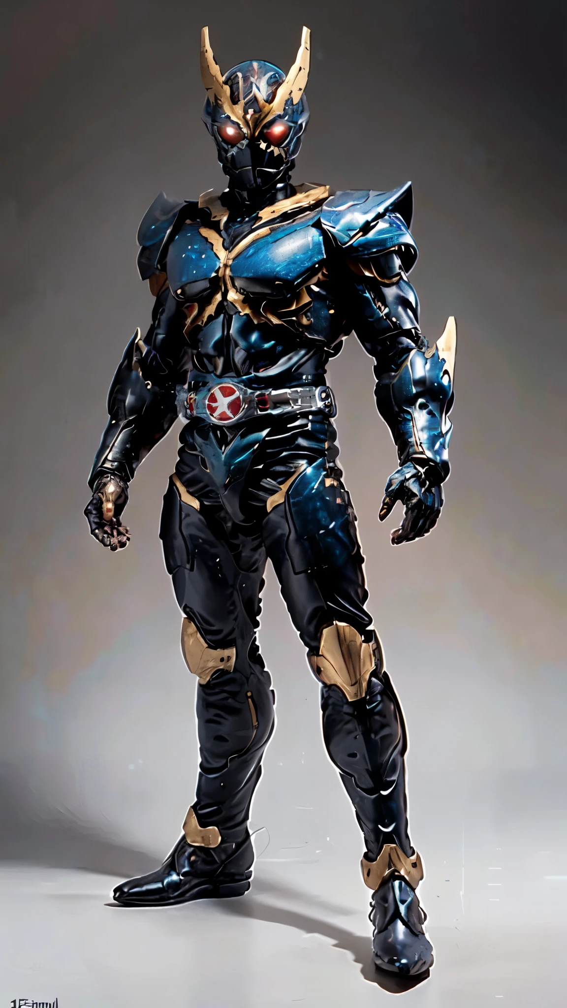 (masterpiece:1.5, best quality:1.5, extremely delicate:1.5, foreshortening:1.5, dynamic angle:1.5), ((male:1.5)), a man wearing a full-face helmet, a biotech armored combat suit, green eyes, (a composite layered chest armor), fully enclosed shoulder guards, matching arm and leg guards, a belt of gemstone, (the color scheme is primarily Blue with White and Red accents), the design balances heavy with agility, a high-tech bio-mecha armor, (Armor Concept Inspired by Kamen Rider, stand of a futuristic sci-fi city), this character embodies a finely crafted Superhero in anime style, exquisite and mature manga art style, (the armor glows), metallic, high definition, highres, ultra-detailed, ultra-fine painting, professional, perfect body proportions, golden ratio, anatomically correct, symmetrical face, extremely detailed eyes and face, high quality eyes, creativity, RAW photo, UHD, 32k, Natural light, cinematic lighting, masterpiece-anatomy-perfect