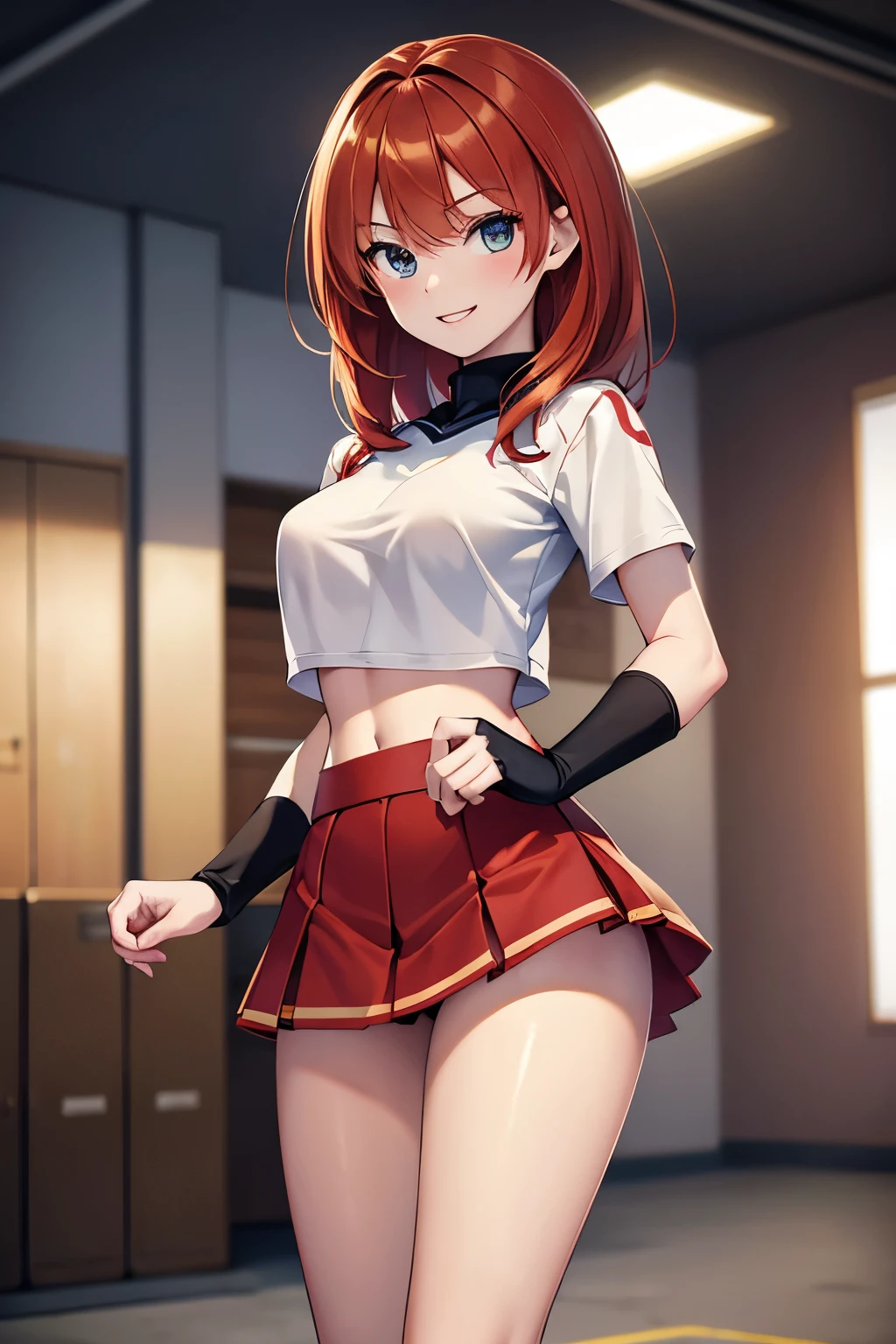 (masterpiece), best quality, detailed,Super high quality,perfect anatomy,beautiful light and shadow, ,Beautiful pale skin , red hair, gren eyes, perfect face, perfect eyes, slim body,young ager ,1girl, Kim possible, smiling to camera, high quality, 8k digital painting, wearing Middleton High School cheerleader uniform, perfect hands, perfect fingers, SFW, high school locker room, dark_red skirt, night time, medium hair,