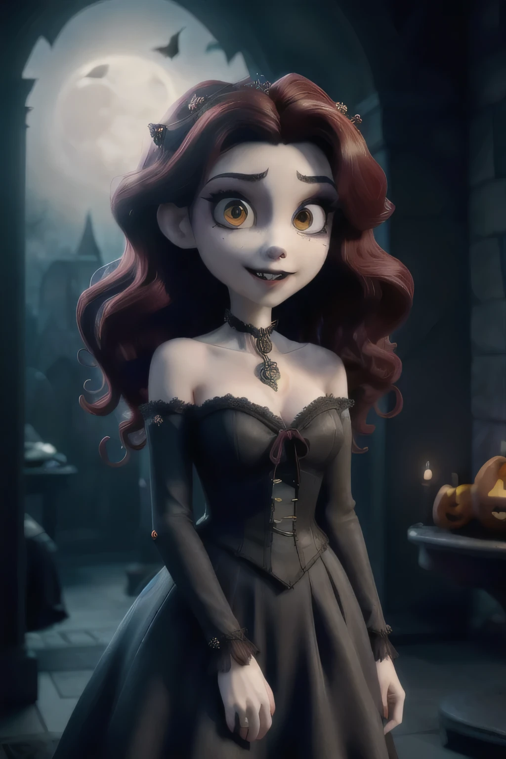 masterpiece, best quality, cute, female, vampire, fullmoon, Halloween, spooky, gothic, horror, fantasy, supernatural, fangs, blood, dark, night, moonlight, beauty, seductive, mysterious, enchanting, alluring, undead, immortal, creature, eerie, macabre, romantic, dramatic, elegant, charming, magical, mystic, nocturnal, dangerous, alluring, captivating, bewitching, haunting, mesmerizing, ethereal.