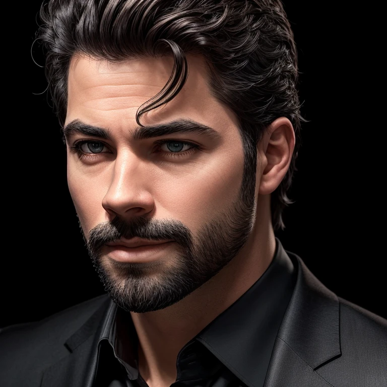 a man, solo, old individual, ultra-detailed, 8k, studio photography, vibrant expression, thick hair, sharp features, confident gaze, sleek black suit, classic Hollywood style, salt-and-pepper hair, well-groomed beard, weathered yet striking features, tailored dark jacket, timeless charisma, dramatic studio lighting, minimalist background, glamour of Hollywood, contrast between youth and experience