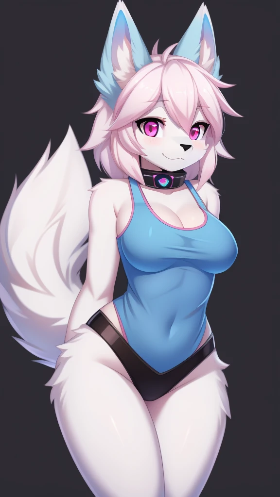 Female fluffy wolf, Protogen, Animal-Human, White fur, Pink eyes, Blue ears, white tank top, Medium breast size., Cute and sexy poses