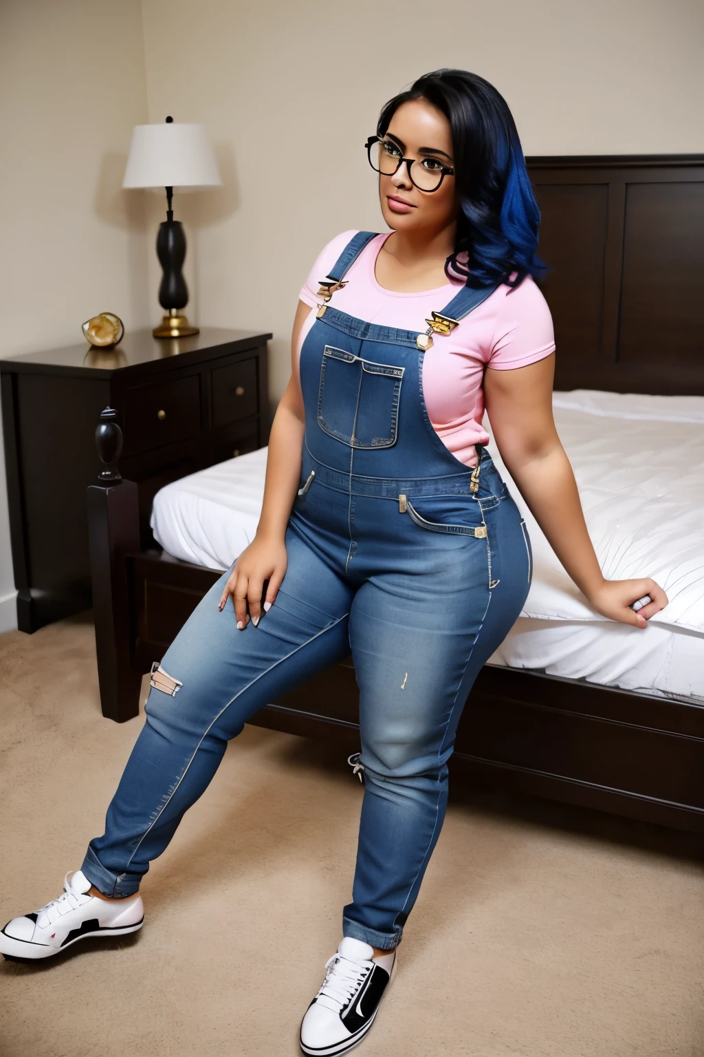 ((中景 the scene is,A full body))1 girl, Obese body, generous dimensions, face round, double chin, Overweight,Short hair tied up ,Sleeveless blue and red floral shirt,Highlight the breasts,Put her weight on her stomach,looks into camera,black room background,ssmile,