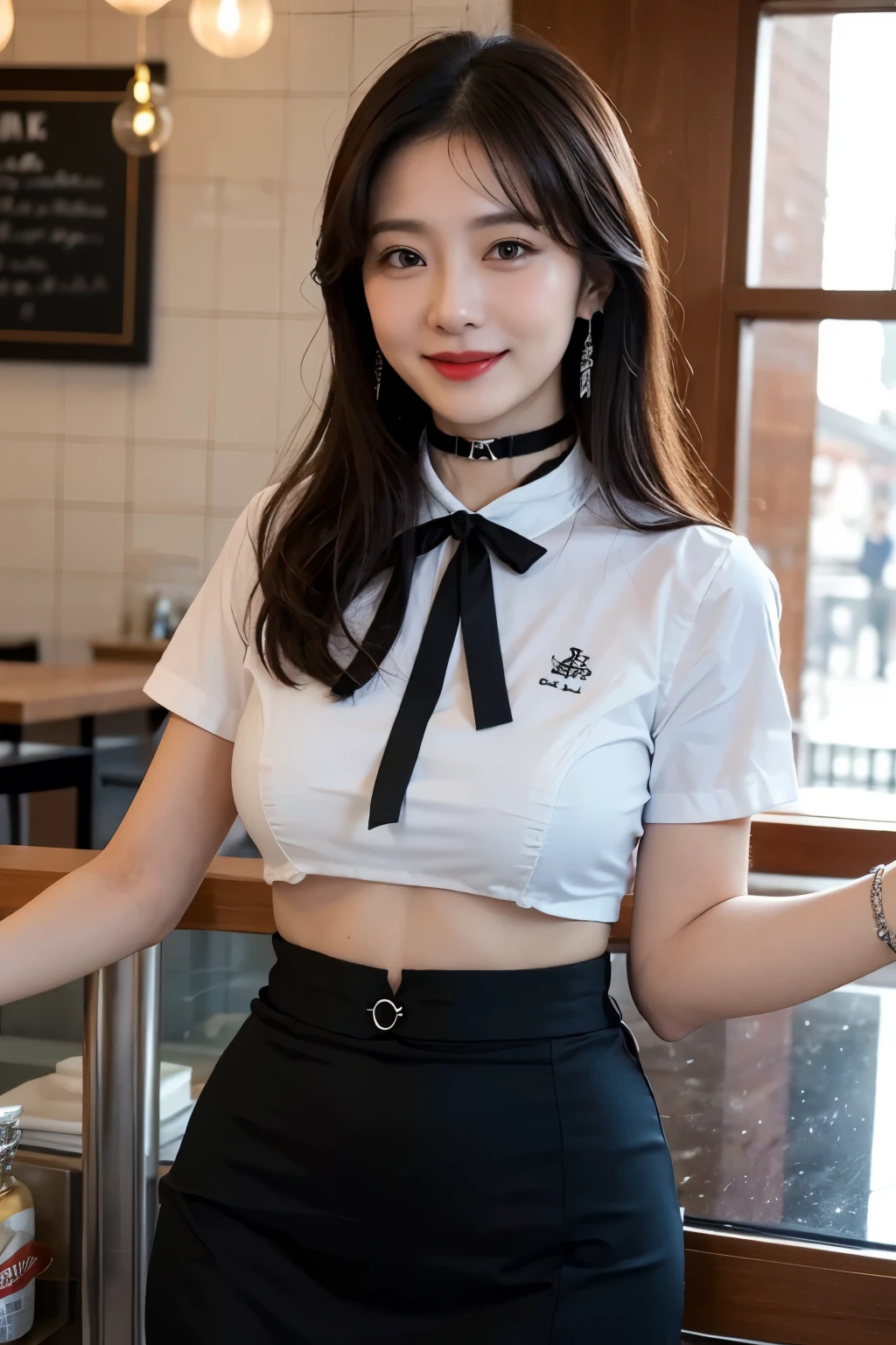 (Best Quality, 8K, 32 k, Masterpiece, UHD:1.2), pretty korean girl photo, Very big breasts, very short short hair, Very realistic skin texture, subtle facial noises, Very detailed lips, cowboy shots, sface focus, yellow line skirt, Earrings, dark studio background, uniform lighting, Looking at the viewer, soft and smooth body, Slender body, Wide Buttocks, thick-thighs, Contraposto, Esza Pose