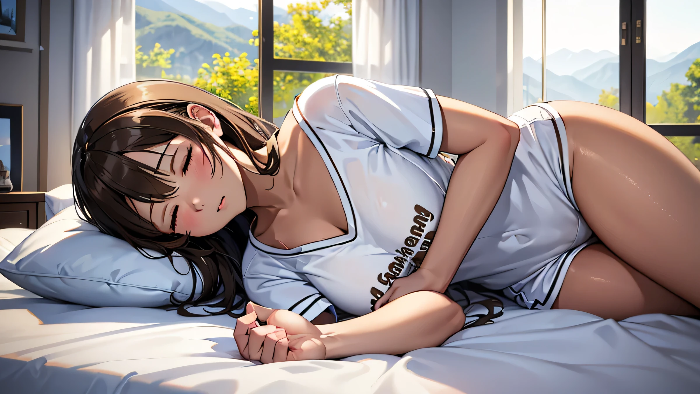 Girl sleeping on her back on the bed、（Head placed at the top）Close your eyes、1 person、Girl、clear、Modern Room（Large window frames）、Realistic、T-Shirts、Shorts、In pajamas,(masterpiece),  (Artwork), (Great photo), (Detailed body),Small Head:1.3, (Brown Skin:1.8),Center Configuration, Mountains in the window々View of、((Bright atmosphere)),(whole body:1.4)，((Perfect Anatomy:1.2,Realistic:1.3,RAW Photos:1.3,masterpiece、Best Quality、Ultra - High resolution、High resolution、Highly detailed CG、8k)),