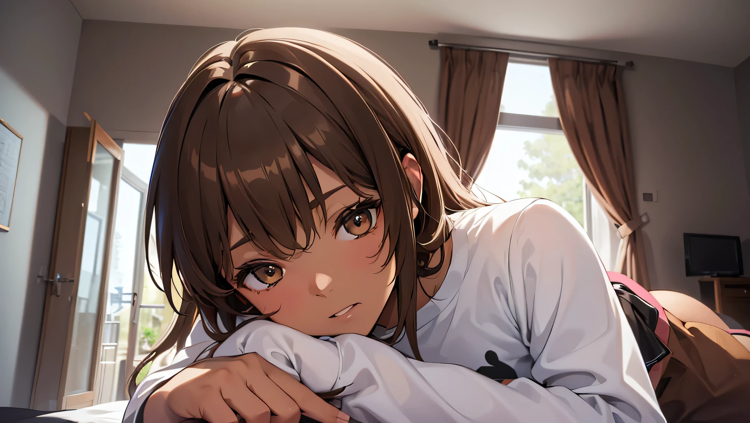A portrait of a person sleeping comfortably in bed、Close your eyes、1 person、Girl、Modern Room(Large window frames)、Pink Hair、Long sleeve T-shirt,(masterpiece), Hotpants showing black underwear、 (Artwork), (Great photo), (Detailed body),Small Head:1.3,,(Brown Skin:1.8),Center Configuration, Mountains in the window々View of、((Dark atmosphere)),(whole body:1.4),((Perfect Anatomy:1.2,Realistic:1.3,RAW Photos:1.3,masterpiece、Best Quality、Ultra - High resolution、High resolution、Highly detailed CG、8k)),
