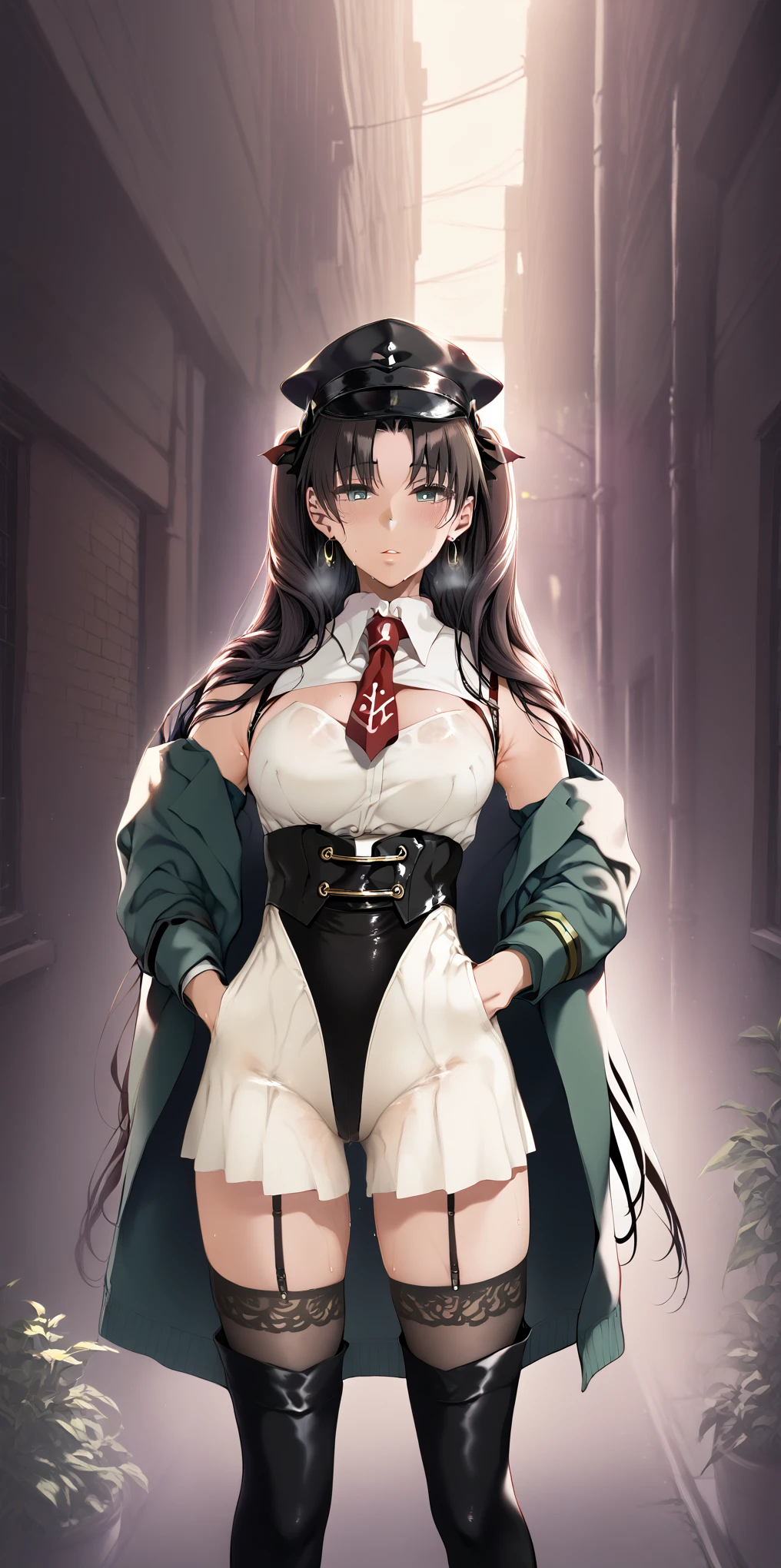 score_9_up, score_4_up, uncensored, tohsaka rin \(fate stay night\), black hair, long hair, twintail, ribbon, black ribbon, green eyes, BREAK beautiful detailed eyes, beautiful detailed lips, extremely detailed face and portrait, elegant expression, soft warm lighting, volumetric lighting, cinematic composition, detailed environment, lush garden, vibrant colors, intricate details, masterpiece, high resolution, digital painting, excessive sweating, sweating profusely, sweating drop, gasping, heavy breathing, bright pupils BREAK, lemon0051, elbow gloves, armband, collared shirt, leotard, necktie, peaked cap, garter straps, thigh boots BREAK, white choker, hands in pocket, alley,
