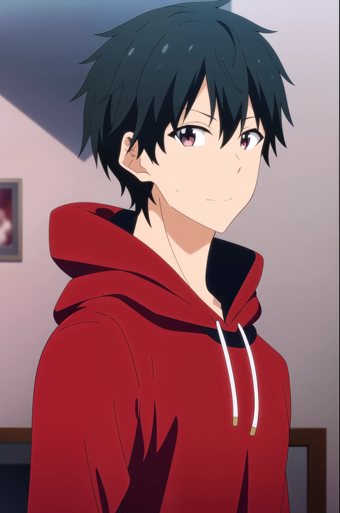 masterpiece, best quality, high quality, 1boy, solo, male focus, looking at viewer, upper body, masamune_makabe, black hair, red eyes, black hoodie