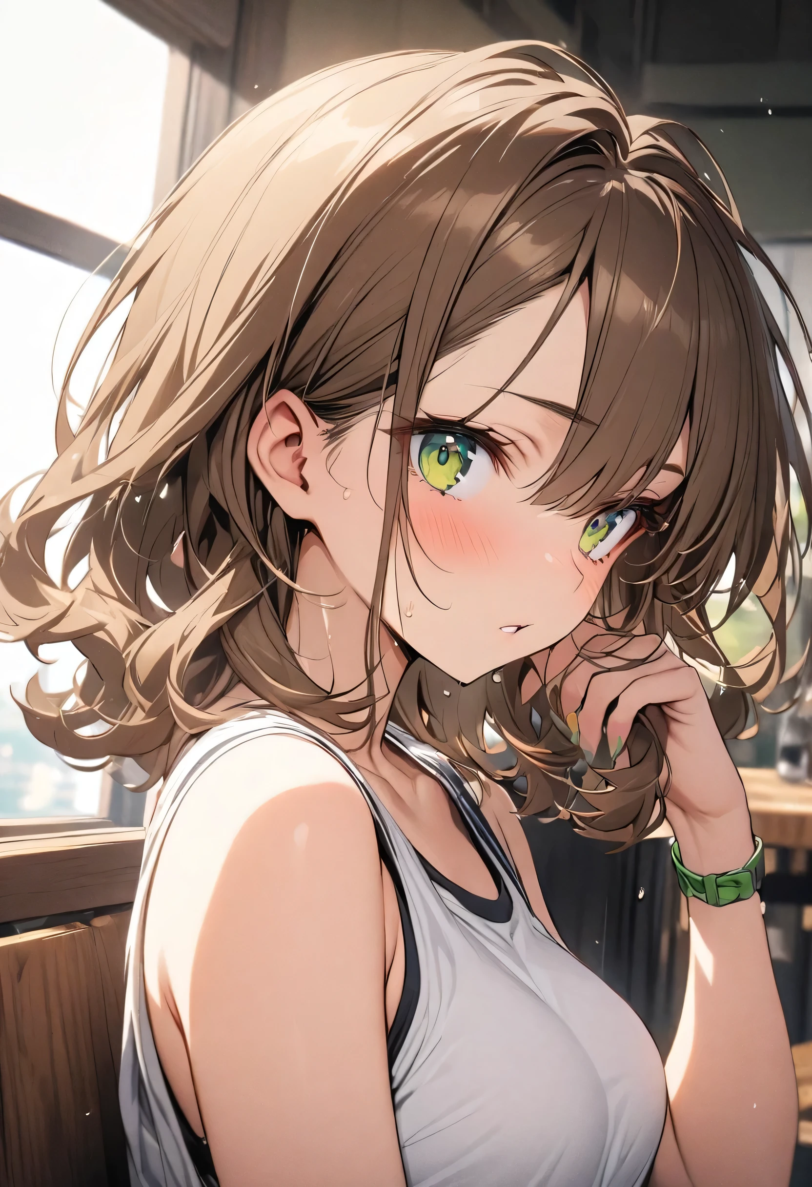 White, short brown hair, green curly eyes, top quality