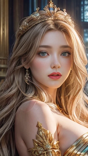 masterpiece，Highest image quality，Super details，best quality ,extremely delicate and beautiful, Very detailed,best quality, official art, Extremely detailed CG unified 8k wallpaper, Ana de Armas portrait photo, Blonde hair with black pupils，shiny skin,  (beautiful eyes:1.1), beautiful skin, big watery eyes，(detailed lighting:1.2), (Beautiful and detailed light:1.3),Bubble lip gloss, delicate and dignified romantic pink dress，Beautiful udder, The most perfect breast ball shape，firm breast balls，Deep cleavage，Naked of breast，complex, digital drawing, Smooth, sharp focus, end of the world, epic reality, (high dynamic range:1.4), (pastel colors:1.4), Revelation，Bright colors, screen space refraction, (intricate details, Super detailed:1.3), art station, lens, complex background, buliding，Beautiful smile，The most beautiful look，Detailed moon background，Dreamcatcher earrings，dreamlike，The best look，Beautiful bubble lip gloss, delicate, dignified and romantic pink goddess，