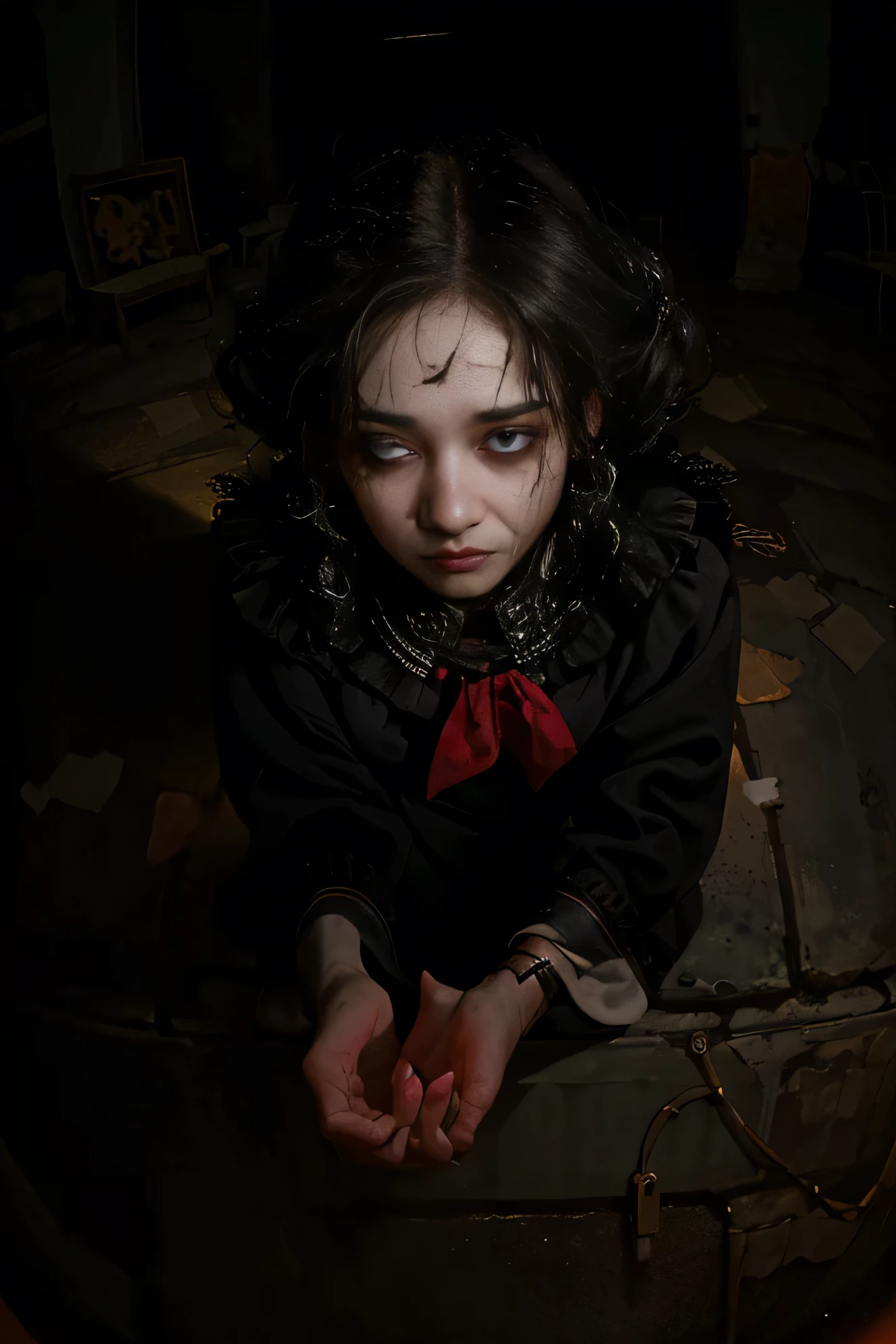 (Best quality, 8k, 32k, Masterpiece, UHD:1.2) "Set the scene inside an old, decrepit mansion, inspired by eerie Asian horror films. The dimly lit room is filled with cracked wooden floors and walls stained with time, where ancient scrolls and paper screens hang, torn and decaying. A layer of dust blankets the surface, and old furniture is scattered in disarray, covered in dark, ominous shadows. In the center of the room stands a girl, her expression frozen in terror, her figure partially illuminated by flickering candlelight. In the darkened corner, a creepy white lady ghost materializes from smoke and shadows, her hair long and black, floating unnaturally around her pale, gaunt face. Her eyes are hollow, and her expression is one of silent torment. The ghost's body drifts like mist, blending into the shadows of the room, as if she is part of the darkness itself. The atmosphere is chilling and unsettling, with the faint sound of wind howling through the cracked windows. The air feels heavy, damp with the scent of mold, and the walls seem to breathe. Everything in the scene evokes a haunting, terrifying aesthetic, amplifying the sense of dread and fear lurking within the cursed mansion." ((scared)) ((ghost))