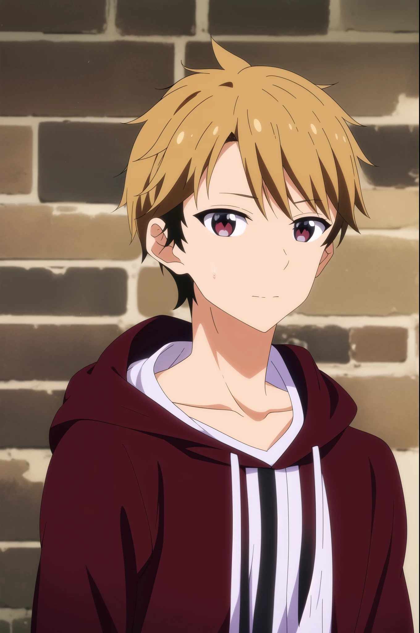 masterpiece, best quality, high quality, 1boy, solo, male focus, looking at viewer, upper body, masamune_makabe, blond hair, red eyes, black hoodie