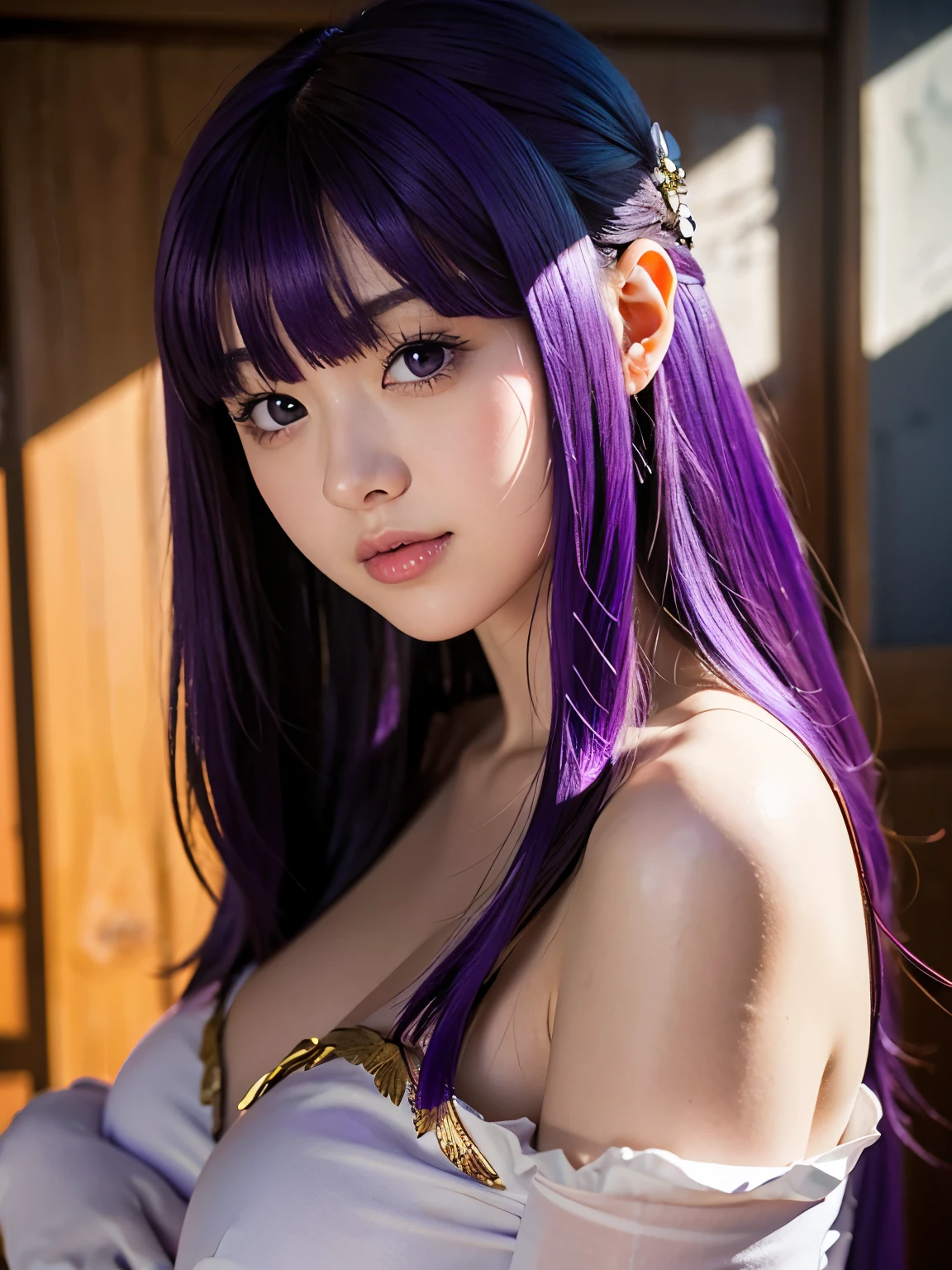 1girl, solo, 17 yo, teenager, (purple hair:1.5), long hair, very long hair, sidelocks, hair ornament, purple eyes, 
BREAK FernDress, purple pupils, hair bun, sidelocks, white dress, gold trim, short sleeves, elbow gloves, white gloves
 BREAK (see-through silhouette:0.5), (nipples through:0.5) (erectile nipples:0.25),
BREAK slender body, short stature, (huge breasts, sagging breasts), smile,
BREAK upper body, 
BREAK dance hall,
BREAK (Shot with a Canon EOS 5D Mark 4 and a Canon EF 85mm F1 lens.2L Lens, F-stop 1.2, ISO50, Shutter Speed ), 
BREAK beautiful and Beautiful Eyes, perfection, perfection, roll your eyes, Detailed face, Beautiful Eyes, Superior Quality, masterpieceHighly detailed, High level of detail, Many details, high quality, Cinematic Light, Real Hands, (Ultra-realistic:1.3), perfectionな目, Detailed skin, Skin wounds, Lip gloss, 