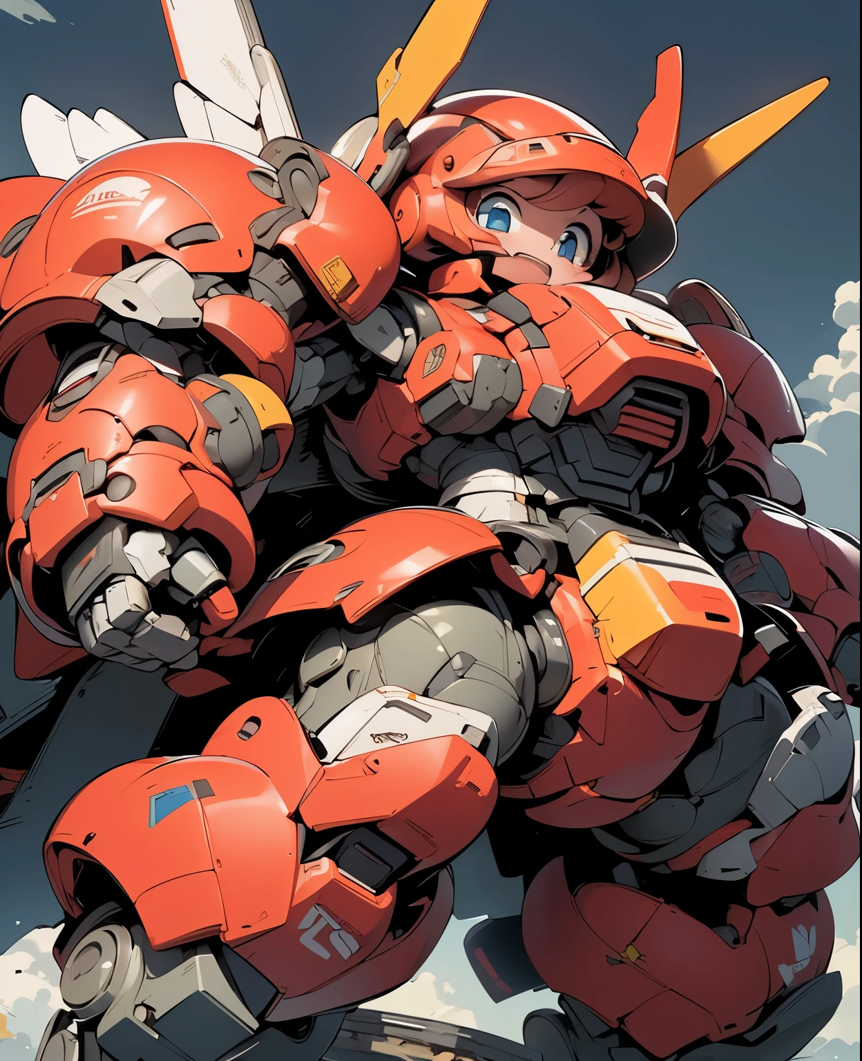 (((1 chibi girl in large red-colored robot costume, from below))), ssmile, (holding weapons), (chibi), (bulky:1.8), (((helmet:1.5))), large cute face, (((looking down:1.5))), mechanical parts, ((mechanical wings)), (full armor:1.8), (mecha armor:1.8), (shoulder guards:1.2),(huger arms), ((mechanical arms:1.5)), (short legs), (huger body:1.8), (heavy equipment:1.6), (from below), (headgear), blue sky, white clouds, robot joints, becoming a mecha, mecha, (RARS), (HRS), ROBOTANIMESTYLE, BJ_Cute_Mech,cute, girl BREAK ((masterpiece)), vibrant colors, 8k, best quality, ultra detailed illustration, ((best quality)), ((high resolution)), flawless skin textures, shiny oiled skin, extremely detailed anime eyes , extreme light and shadow