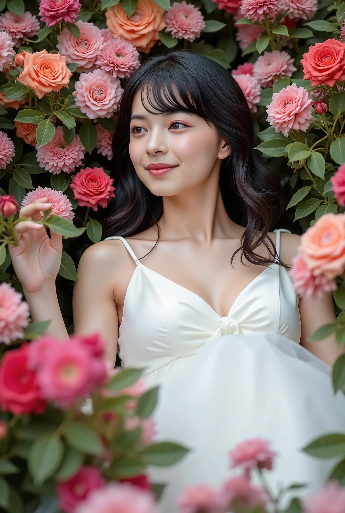 Flowers of various colors are laid out. It is like a bed of flowers. A beautiful woman lying there is wearing a white dress. The light is fantastic and mysterious.