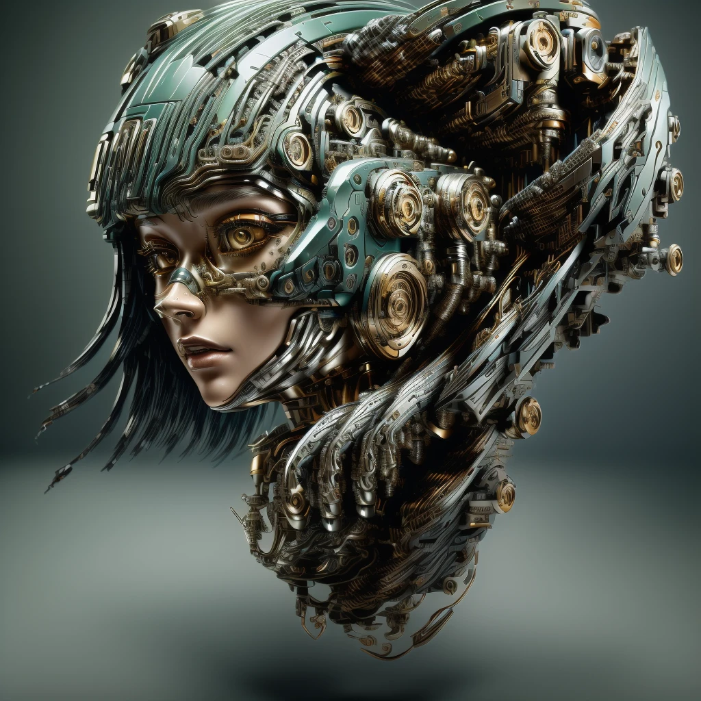 a close up of a person with a weird face and hair, intricate transhuman, humanoid woman, broken beautiful female android!, (best quality,4k,8k,highres,masterpiece:1.2),ultra-detailed,(realistic,photorealistic,photo-realistic:1.37), sci-fi digital art, cyborg woman, humanoid portrait, complex cybernetic beings, cyborg portrait, cyborg girl, cracked. biomechanical cyborg, detailed portrait of a cyborg, cyborg - girl, digital art 4k unsettling, beautiful detailed eyes, beautiful detailed lips, extremely detailed eyes and face, long eyelashes, intricate cybernetic enhancements, advanced biomechanical engineering, futuristic biomechanical design, hyper detailed metallic textures, advanced cybernetic implants, glowing cybernetic circuitry, striking neon color palette, dramatic chiaroscuro lighting, cinematic composition