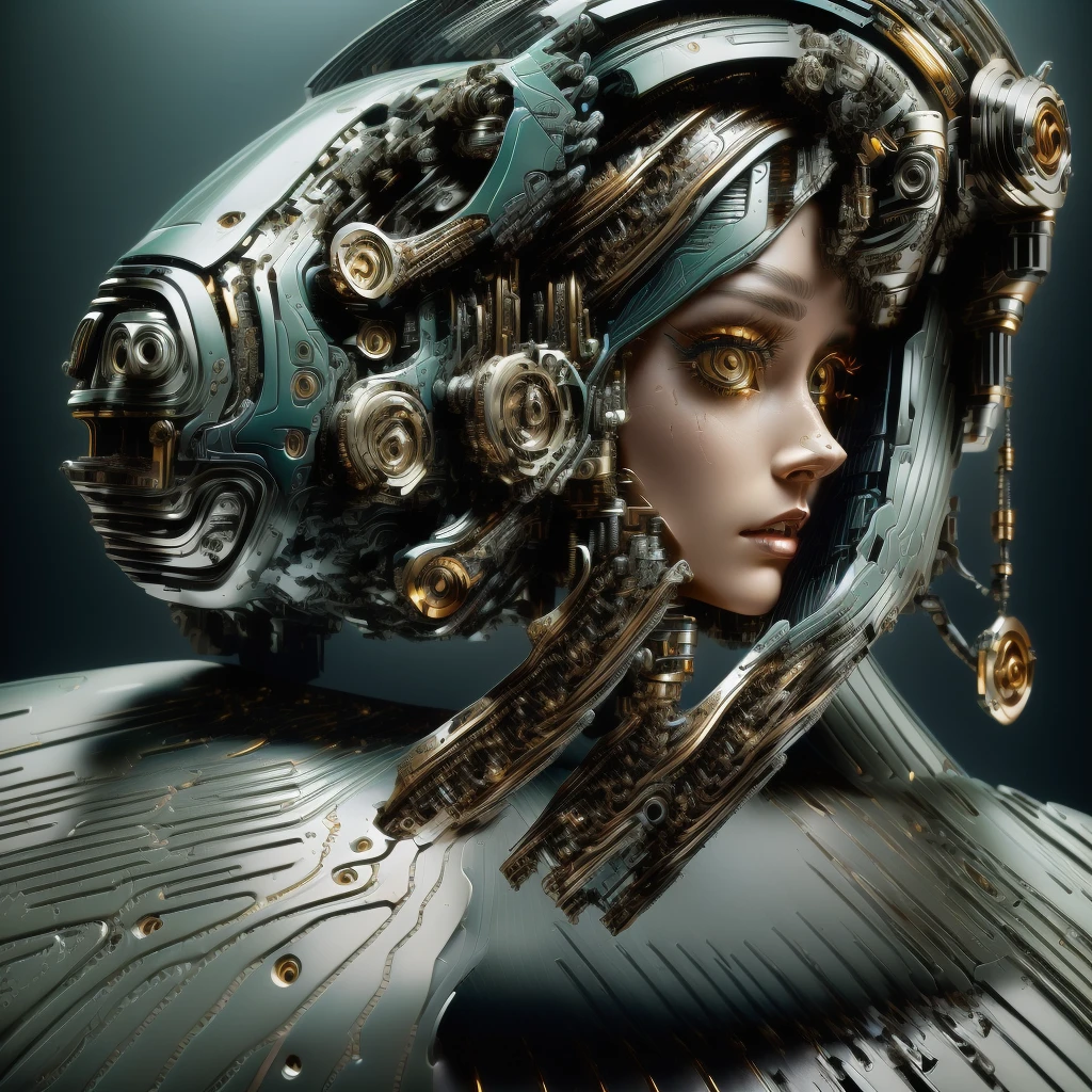 a close up of a person with a weird face and hair, intricate transhuman, humanoid woman, broken beautiful female android!, (best quality,4k,8k,highres,masterpiece:1.2),ultra-detailed,(realistic,photorealistic,photo-realistic:1.37), sci-fi digital art, cyborg woman, humanoid portrait, complex cybernetic beings, cyborg portrait, cyborg girl, cracked. biomechanical cyborg, detailed portrait of a cyborg, cyborg - girl, digital art 4k unsettling, beautiful detailed eyes, beautiful detailed lips, extremely detailed eyes and face, long eyelashes, intricate cybernetic enhancements, advanced biomechanical engineering, futuristic biomechanical design, hyper detailed metallic textures, advanced cybernetic implants, glowing cybernetic circuitry, striking neon color palette, dramatic chiaroscuro lighting, cinematic composition