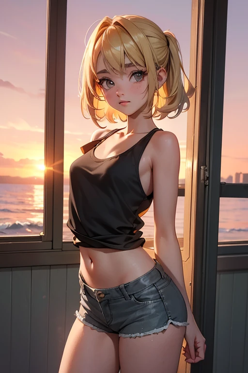 (masterpiece, highest quality:1.2), Cowboy Shot, alone, One girl, Piper, smile, View your viewers, (Put your hand on your cheek:1.2), Blonde, ponytail, Rough Chest Tank Top、Nipples、