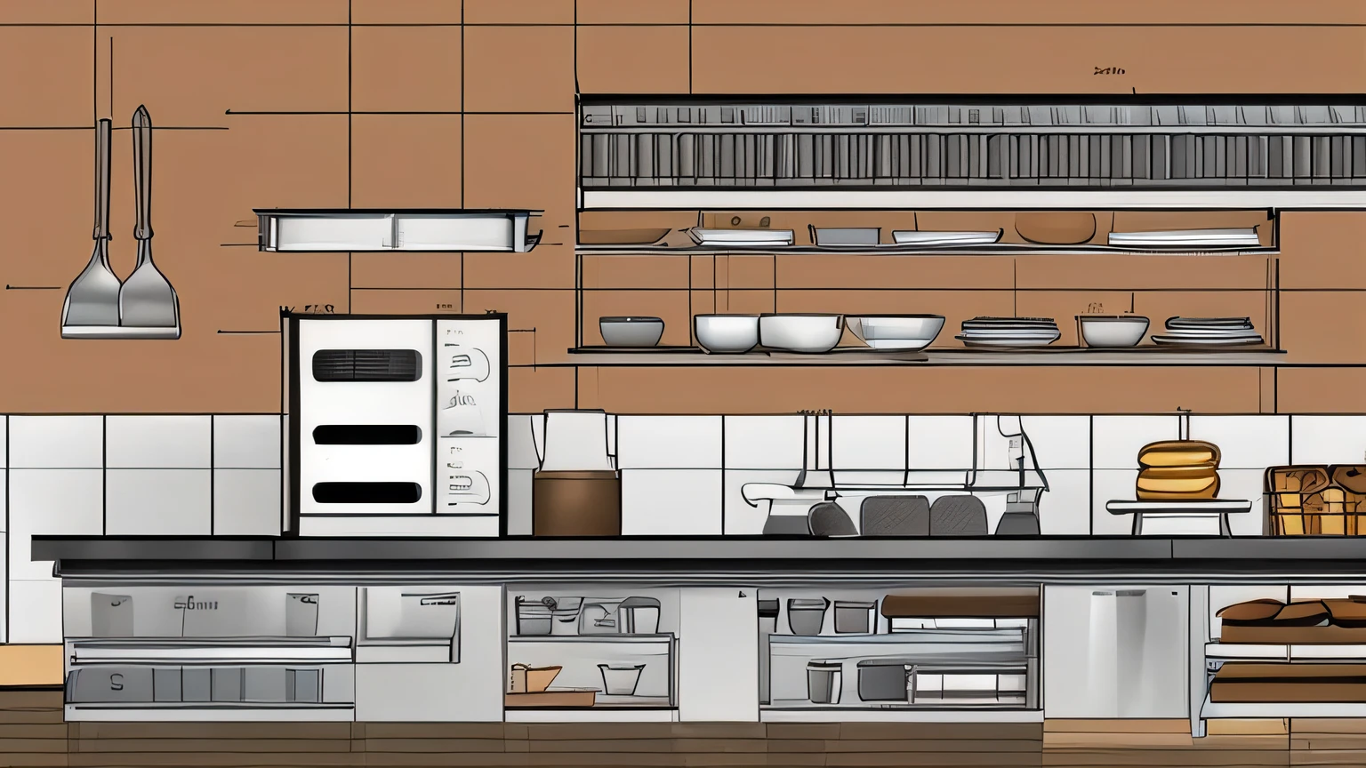 Initial design sketch of pastry restaurant kitchen, consists of Dough Sheeter, Dough Divider, Proofer, Cooling Rack, oven, Bread Slicer, Working Table, Ingredient Rack. Arranged neatly and in detail. Simple and easy to copy design.