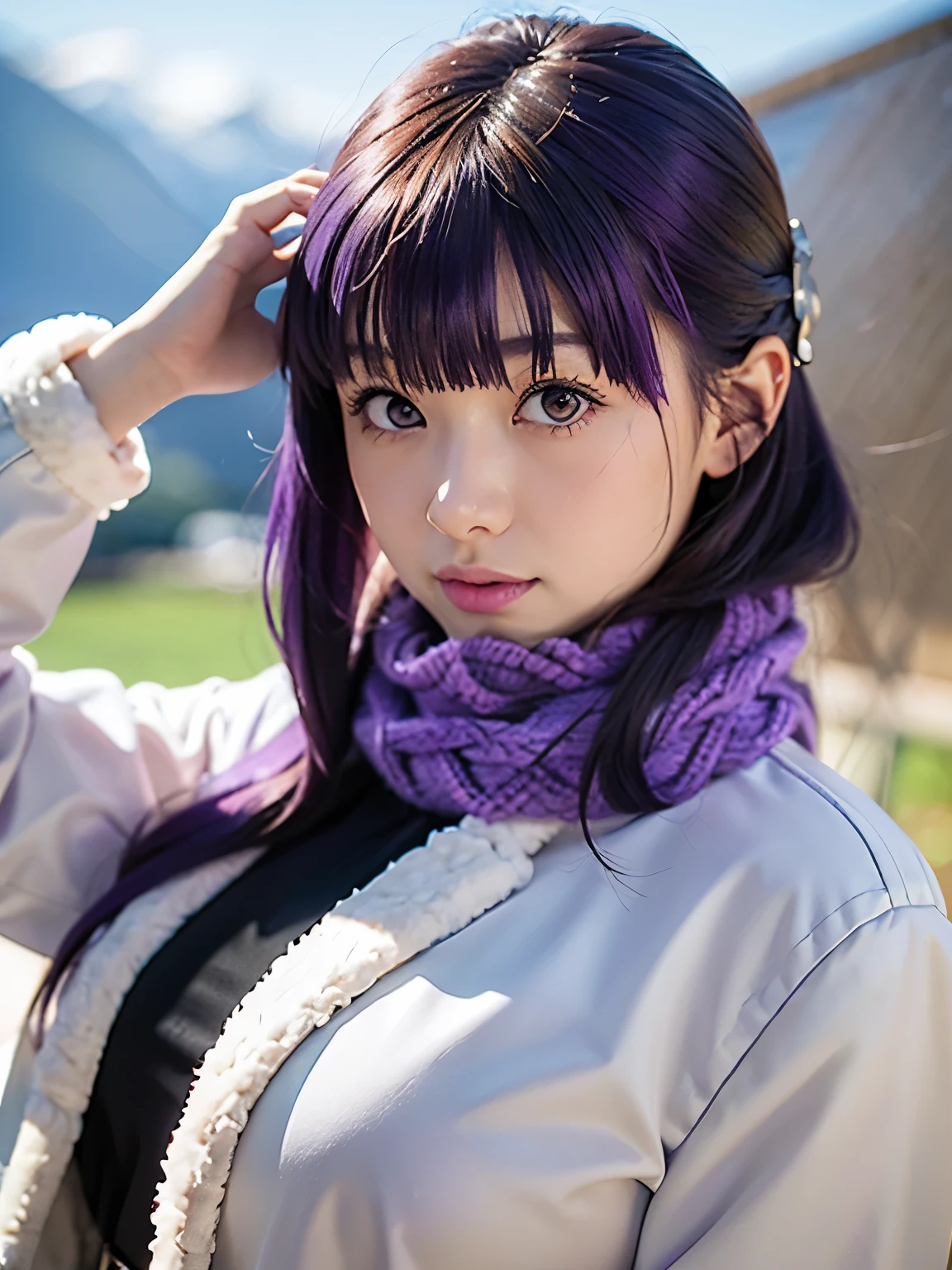 1girl, solo, 17 yo, teenager, (purple hair:1.5), long hair, very long hair, sidelocks, hair ornament, purple eyes, 
BREAK FernWinter, purple pupils, long hair, half updo, ((blue scarf, black dress, white jacket)), fur-trim, cropped jacket, black belt,
BREAK slender body, short stature, (huge breasts, sagging breasts), smile,
BREAK upper body, cinematic angle, (hands in own hair:1.5),
BREAK snowy mountain, winter mountains, mountain path, view from mountain top, 
nordic mountains,
BREAK (Shot with a Canon EOS 5D Mark 4 and a Canon EF 85mm F1 lens.2L Lens, F-stop 1.2, ISO50, Shutter Speed ), 
BREAK beautiful and Beautiful Eyes, perfection, perfection, roll your eyes, Detailed face, Beautiful Eyes, Superior Quality, masterpieceHighly detailed, High level of detail, Many details, high quality, Cinematic Light, Real Hands, (Ultra-realistic:1.3), perfectionな目, Detailed skin, Skin wounds, Lip gloss, 