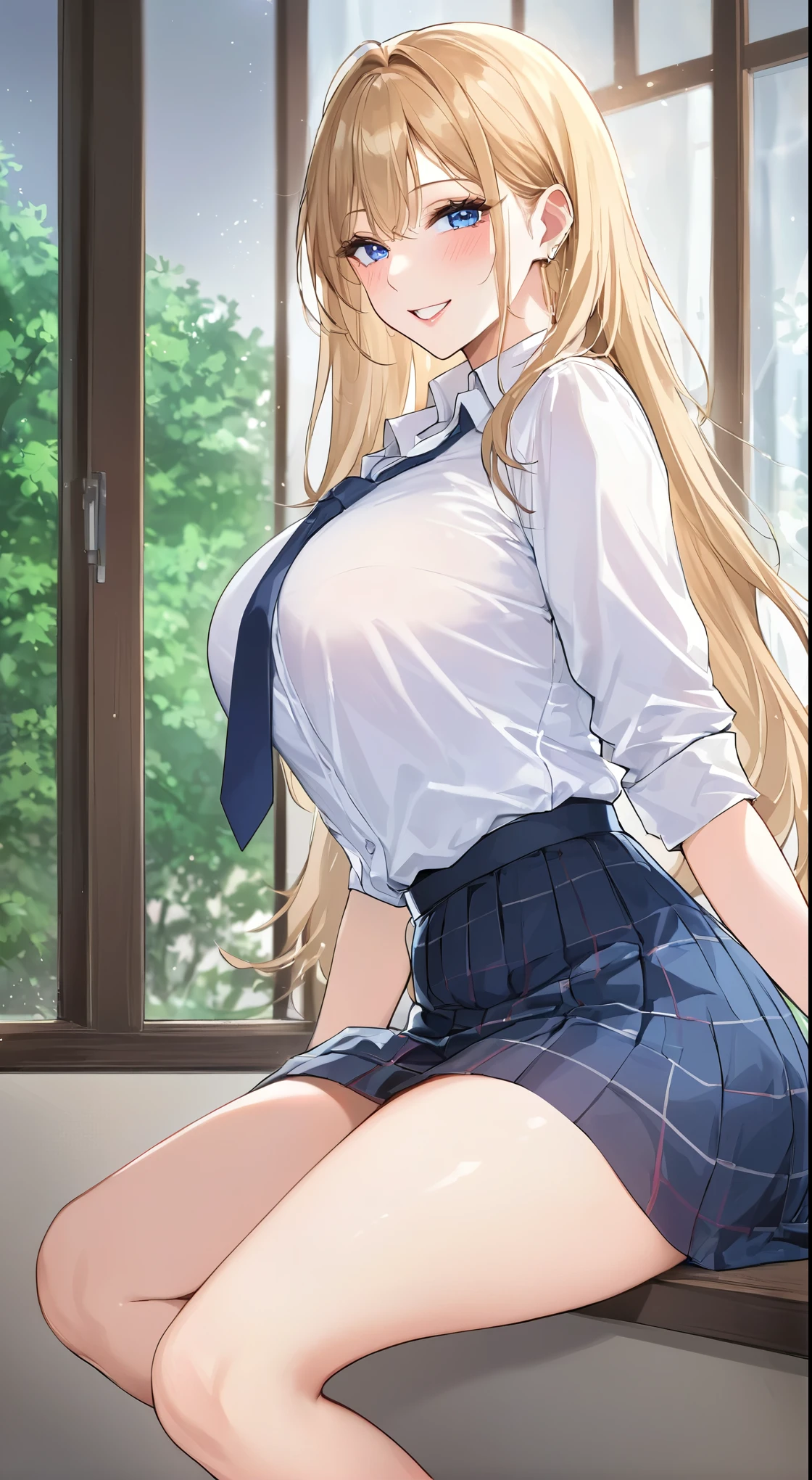 (highest quality: 1.2, Highly detailed, Latest, Vibrant, Super detail, Ultra-high resolution, High contrast, masterpiece: 1.2, highest quality, Best aesthetics, aya:0.9), alone, (1 woman), /( teacher/ ), (teacher), long hair, blonde hair, (red eyes: 1.3), long hair with brown highlights, thighs,  blaxk skirt,white shirt,sexy, cleavage, painted nails, belt, thighs with tights, glasses, classroom, shake hands welcome, pink lips, heels, sexy thigh, detailed leg, dynamic angle, random pause, highly detailed face and skin texture, cowboy shot,marin kitagawa,look from below,thongs