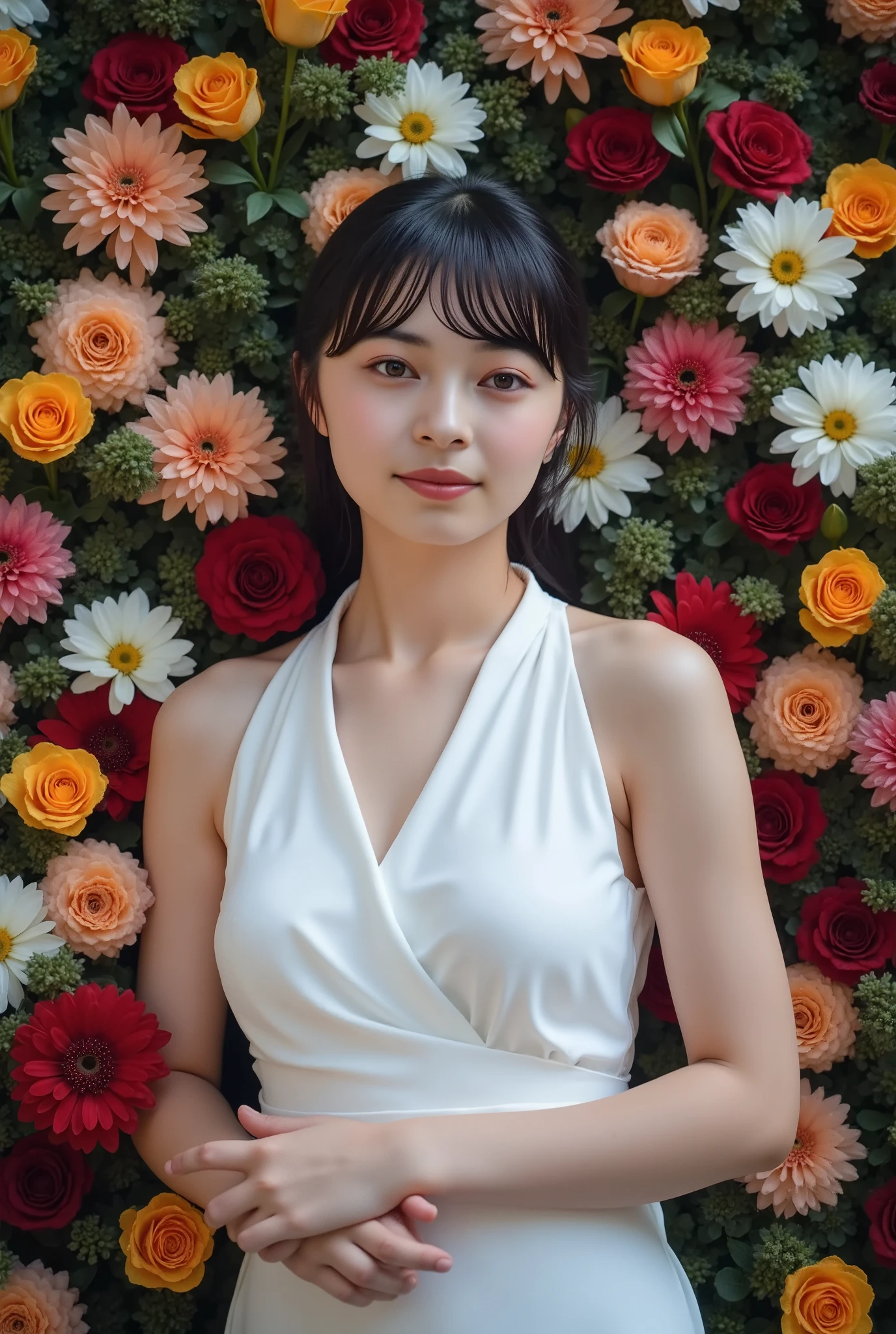 Flowers of various colors are laid out. It is like a bed of flowers. A beautiful woman lying there is wearing a white dress. The light is fantastic and mysterious.