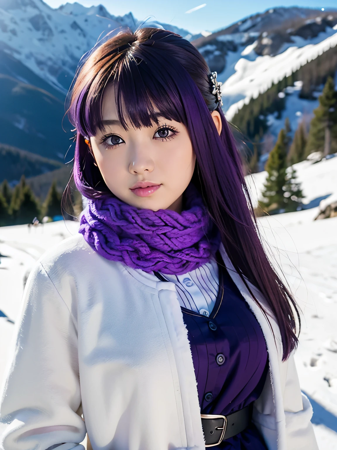 1girl, solo, 17 yo, teenager, (purple hair:1.5), long hair, very long hair, sidelocks, hair ornament, purple eyes, 
BREAK FernWinter, purple pupils, long hair, half updo, ((blue scarf, black dress, white jacket)), fur-trim, cropped jacket, black belt,
BREAK slender body, short stature, (huge breasts, sagging breasts), smile,
BREAK upper body, cinematic angle, (hands in own hair:1.5),
BREAK snowy mountain, winter mountains, mountain path, view from mountain top, 
nordic mountains,
BREAK (Shot with a Canon EOS 5D Mark 4 and a Canon EF 85mm F1 lens.2L Lens, F-stop 1.2, ISO50, Shutter Speed ), 
BREAK beautiful and Beautiful Eyes, perfection, perfection, roll your eyes, Detailed face, Beautiful Eyes, Superior Quality, masterpieceHighly detailed, High level of detail, Many details, high quality, Cinematic Light, Real Hands, (Ultra-realistic:1.3), perfectionな目, Detailed skin, Skin wounds, Lip gloss, 