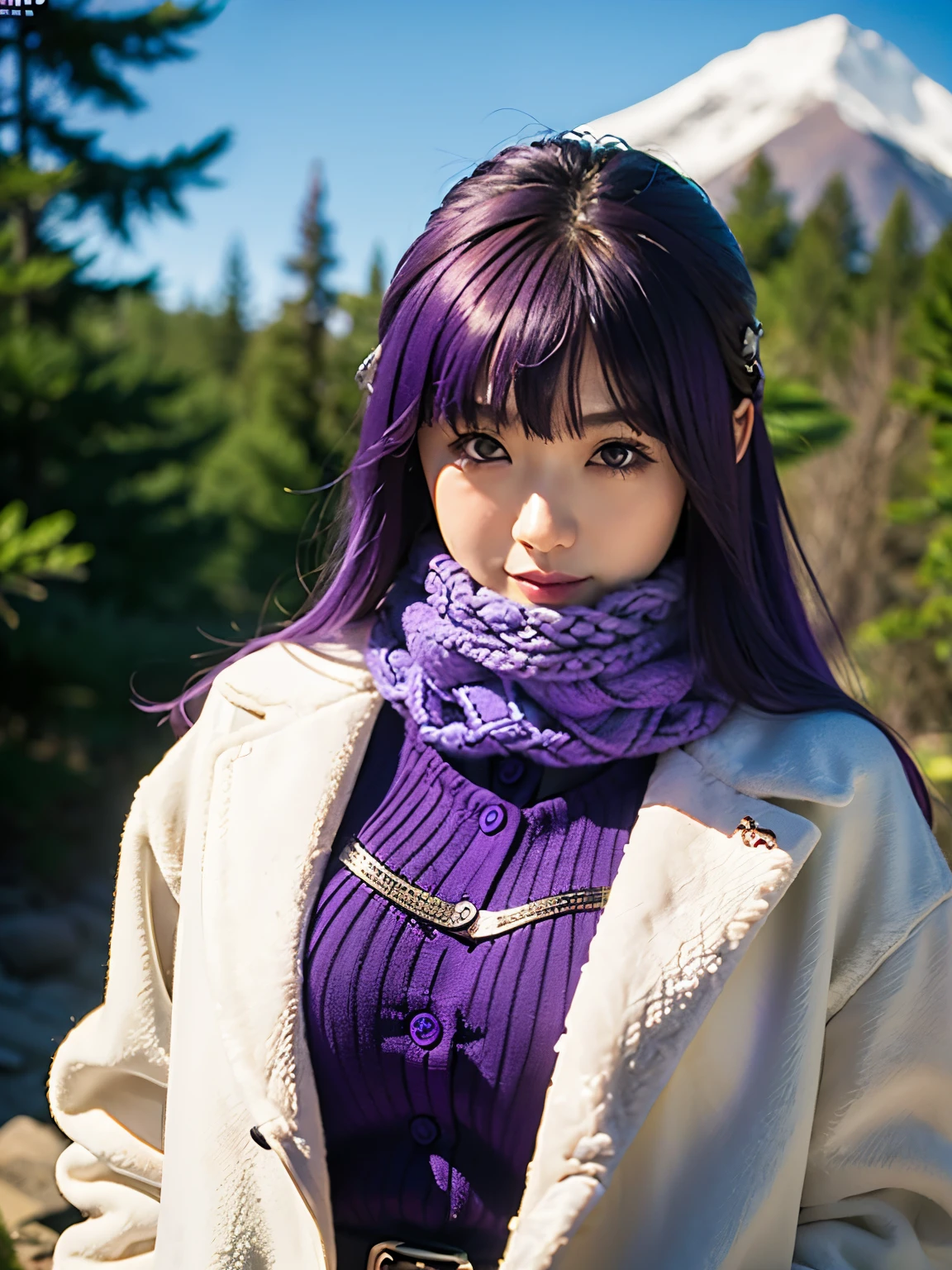 1girl, solo, 17 yo, teenager, (purple hair:1.5), long hair, very long hair, sidelocks, hair ornament, purple eyes, 
BREAK FernWinter, purple pupils, long hair, half updo, ((blue scarf, black dress, white jacket)), fur-trim, cropped jacket, black belt,
BREAK slender body, short stature, (huge breasts, sagging breasts), smile,
BREAK upper body, cinematic angle, walking style,
BREAK snowy mountain, winter mountains, mountain path, view from mountain top, 
nordic mountains,
BREAK (Shot with a Canon EOS 5D Mark 4 and a Canon EF 85mm F1 lens.2L Lens, F-stop 1.2, ISO50, Shutter Speed ), 
BREAK beautiful and Beautiful Eyes, perfection, perfection, roll your eyes, Detailed face, Beautiful Eyes, Superior Quality, masterpieceHighly detailed, High level of detail, Many details, high quality, Cinematic Light, Real Hands, (Ultra-realistic:1.3), perfectionな目, Detailed skin, Skin wounds, Lip gloss, 