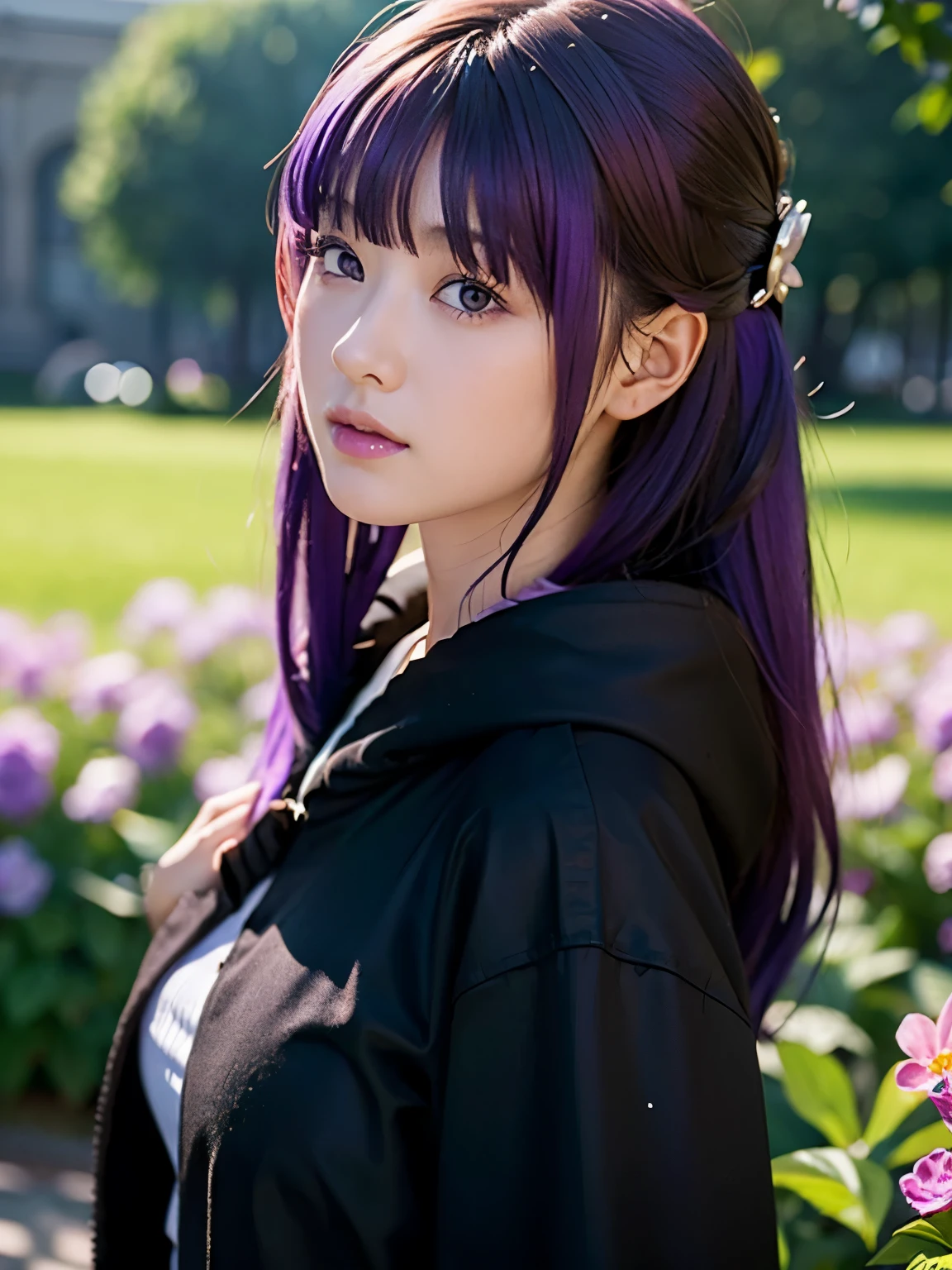 1girl, solo, 17 yo, teenager, (purple hair:1.5), long hair, very long hair, sidelocks, hair ornament, purple eyes, 
BREAK slender body, short stature, (full Breasts), smile,
BREAK FernBase, purple pupils, long hair, half updo, white dress, collared dress, (((black robe, long sleeve))), 
BREAK upper body, cinematic angle,
BREAK (((photorealistic)))masterpiece, best quality, ultra-detailed, butterflies, field of flowers,light particles, perspective from below, no humans, ((dynamic angle)),highly detailed CG HiRes 8k,
BREAK (Shot with a Canon EOS 5D Mark 4 and a Canon EF 85mm F1 lens.2L Lens, F-stop 1.2, ISO50, Shutter Speed ), 
BREAK beautiful and Beautiful Eyes, perfection, perfection, roll your eyes, Detailed face, Beautiful Eyes, Superior Quality, masterpieceHighly detailed, High level of detail, Many details, high quality, Cinematic Light, Real Hands, (Ultra-realistic:1.3), perfectionな目, Detailed skin, Skin wounds, Lip gloss, 