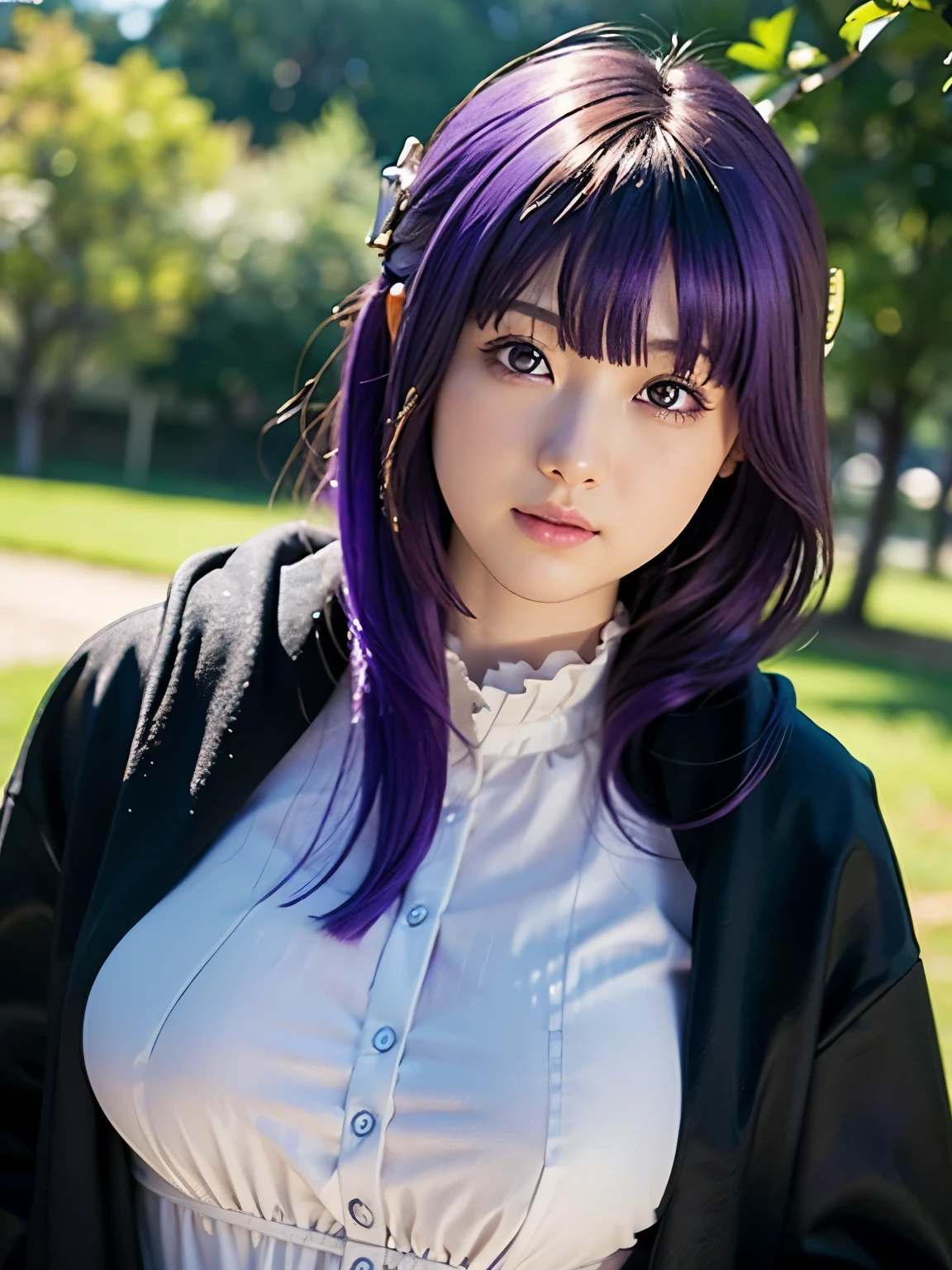 1girl, solo, 17 yo, teenager, (purple hair:1.5), long hair, sidelocks, hair ornament, purple eyes, 
BREAK slender body, short stature, (full Breasts), smile,
BREAK FernBase, purple pupils, long hair, half updo, white dress, collared dress, (((black robe, long sleeve))), 
BREAK upper body, cinematic angle,
BREAK (((photorealistic)))masterpiece, best quality, ultra-detailed, butterflies, field of flowers,light particles, perspective from below, no humans, ((dynamic angle)),highly detailed CG HiRes 8k,
BREAK (Shot with a Canon EOS 5D Mark 4 and a Canon EF 85mm F1 lens.2L Lens, F-stop 1.2, ISO50, Shutter Speed ), 
BREAK beautiful and Beautiful Eyes, perfection, perfection, roll your eyes, Detailed face, Beautiful Eyes, Superior Quality, masterpieceHighly detailed, High level of detail, Many details, high quality, Cinematic Light, Real Hands, (Ultra-realistic:1.3), perfectionな目, Detailed skin, Skin wounds, Lip gloss, 