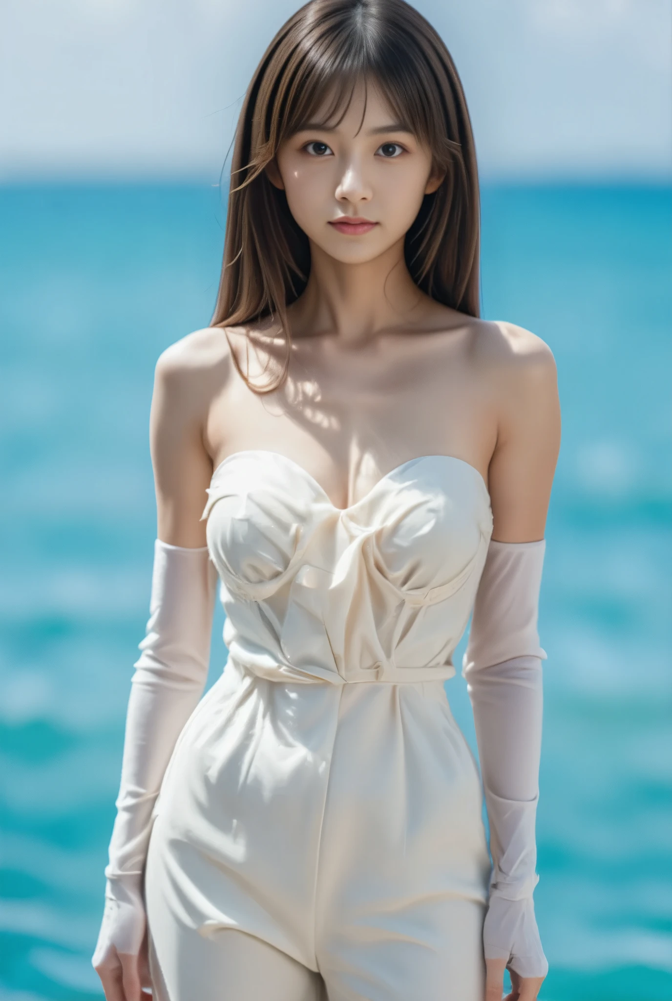 photo of Japanese girl, focus on the eyes, 1girl, long hair, brown hair, slim body shape, photograph showing head to knee, high contrast, faint smile, 

She wears an avant-garde strapless white dress with a voluminous textured bodice made of a huge sculptural puff of ruffled fabric. The bodice is cinched at the waist, emphasising her slim figure. She wears thin white gloves that extend past her elbows and loose-fitting, high-waisted white trousers.,
Blue waters of the Great Barrier Reef in the background.