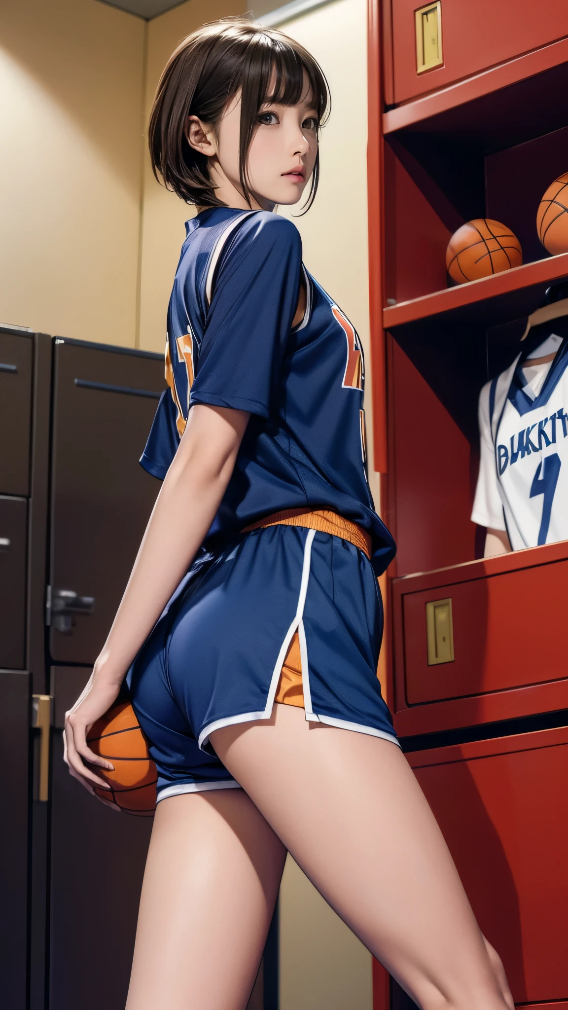 Wearing a basketball uniform, shorts shorts, shorts_aside, pussy,ass Vision,Sweaty, tight clothes,Dolphin Shorts(white-red),Brown skin,Pussy dripping, plug pussy