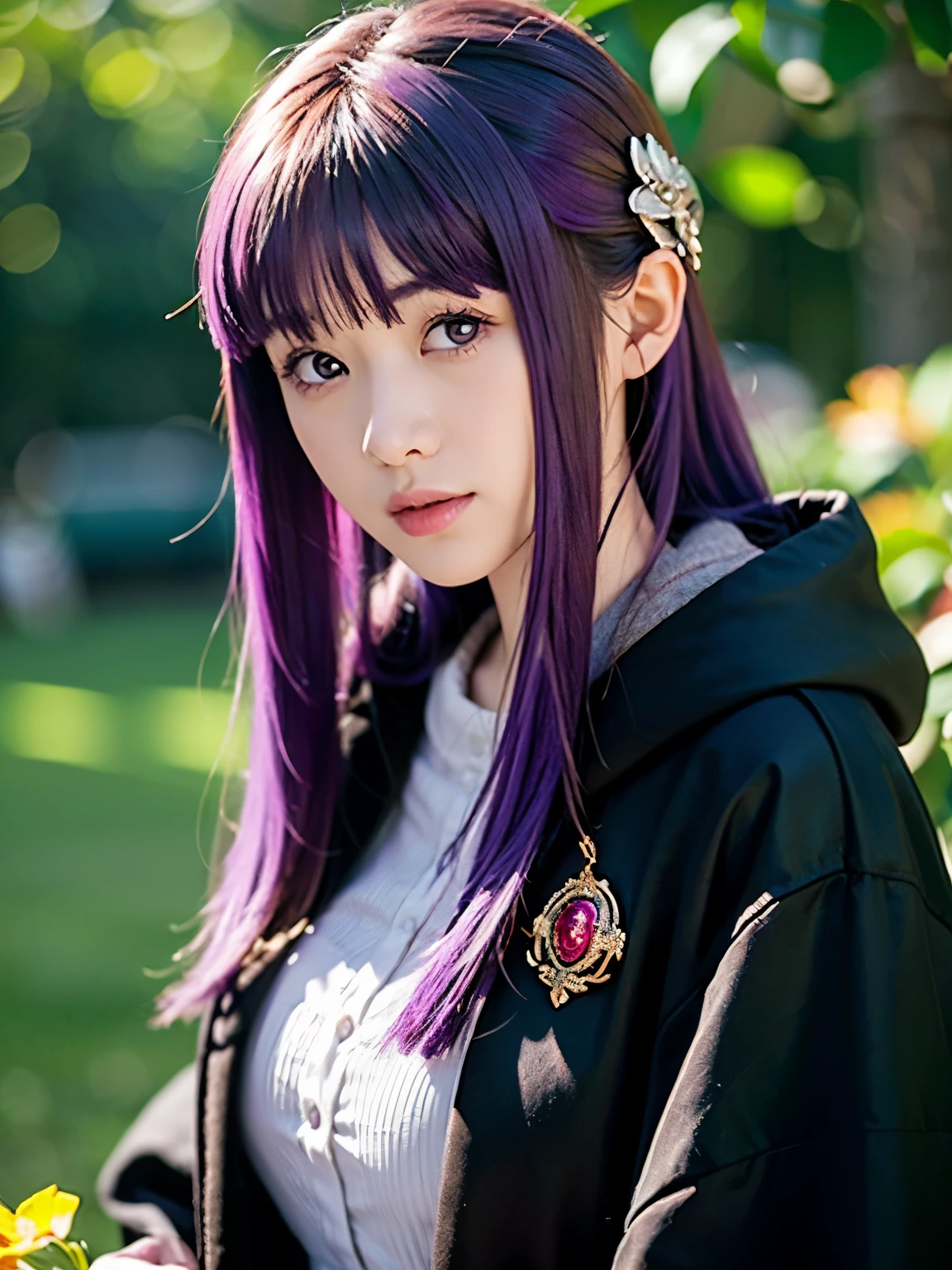 1girl, solo, 17 yo, teenager, (purple hair:1.5), long hair, sidelocks, hair ornament, purple eyes, 
BREAK slender body, short stature, (full Breasts), smile,
BREAK FernBase, purple pupils, long hair, half updo, white dress, collared dress, (((black robe))), 
BREAK upper body,
BREAK (((photorealistic)))masterpiece, best quality, ultra-detailed, butterflies, field of flowers,light particles, perspective from below, no humans, ((dynamic angle)),highly detailed CG HiRes 8k,
BREAK (Shot with a Canon EOS 5D Mark 4 and a Canon EF 85mm F1 lens.2L Lens, F-stop 1.2, ISO50, Shutter Speed ), 
BREAK beautiful and Beautiful Eyes, perfection, perfection, roll your eyes, Detailed face, Beautiful Eyes, Superior Quality, masterpieceHighly detailed, High level of detail, Many details, high quality, Cinematic Light, Real Hands, (Ultra-realistic:1.3), perfectionな目, Detailed skin, Skin wounds, Lip gloss, 