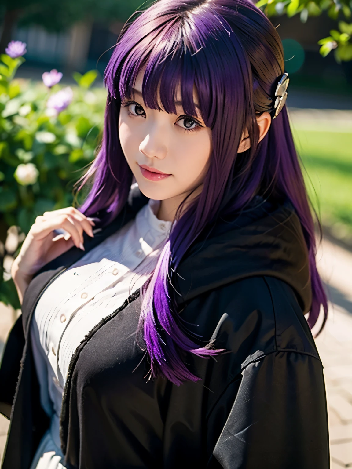 1girl, solo, 17 yo, teenager, (purple hair:1.5), long hair, sidelocks, hair ornament, purple eyes, 
BREAK slender body, short stature, (full Breasts), smile,
BREAK FernBase, purple pupils, long hair, half updo, white dress, collared dress, (((black robe))), 
BREAK upper body,
BREAK (((photorealistic)))masterpiece, best quality, ultra-detailed, butterflies, field of flowers,light particles, perspective from below, no humans, ((dynamic angle)),highly detailed CG HiRes 8k,
BREAK (Shot with a Canon EOS 5D Mark 4 and a Canon EF 85mm F1 lens.2L Lens, F-stop 1.2, ISO50, Shutter Speed ), 
BREAK beautiful and Beautiful Eyes, perfection, perfection, roll your eyes, Detailed face, Beautiful Eyes, Superior Quality, masterpieceHighly detailed, High level of detail, Many details, high quality, Cinematic Light, Real Hands, (Ultra-realistic:1.3), perfectionな目, Detailed skin, Skin wounds, Lip gloss, 