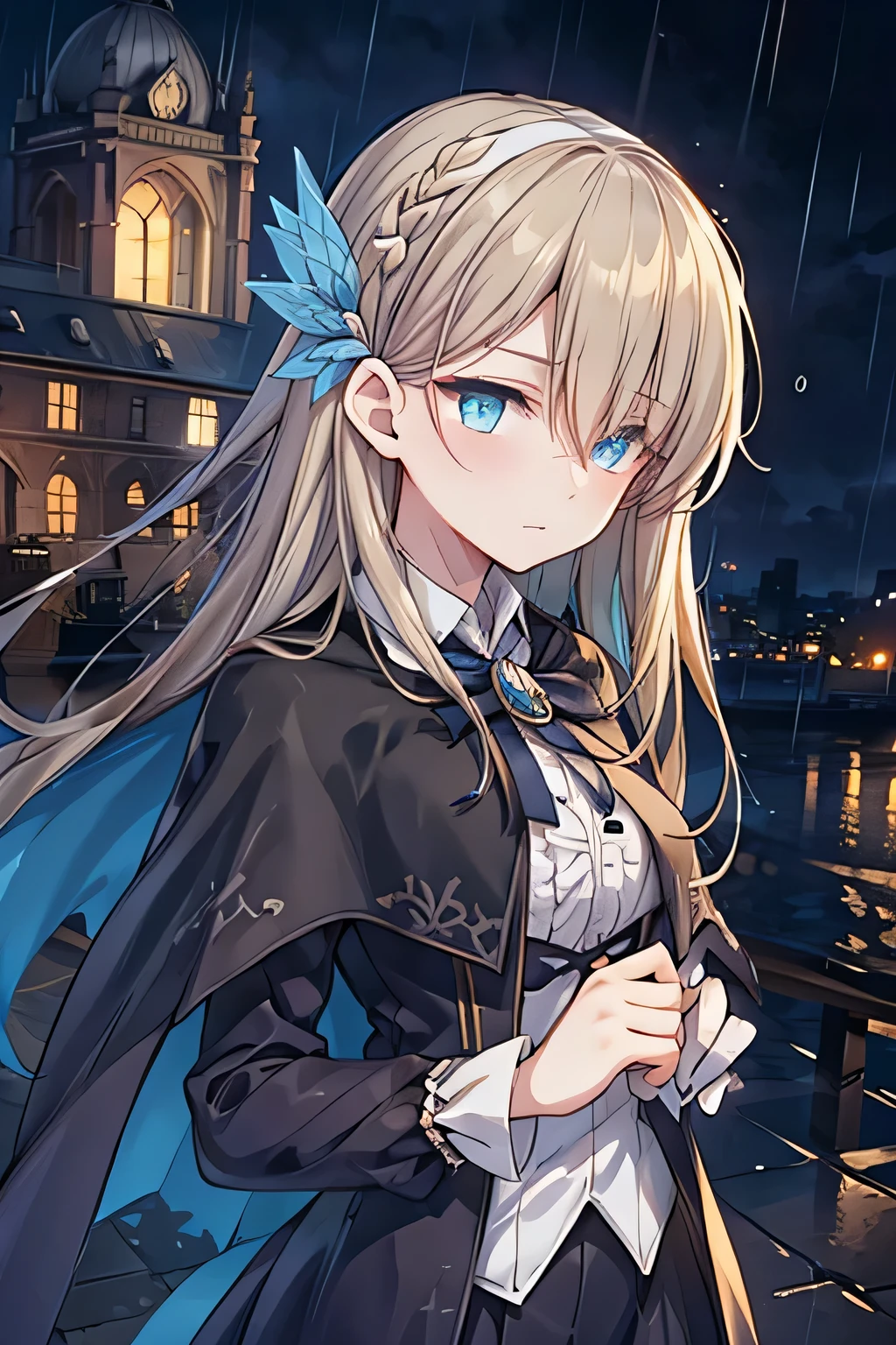 bestquality, 1girl, solo, upper body, looking at viewer, long hair, blue eyes, hair between eyes, bags under eyes, blue capelet, brooch, frilled shirt, wet, jitome, half-closed eyes, expressionless, glowing eyes, gothic architecture, (night), rain, raindrop, raindrop in foreground, haze light, shadow, depth of field, blurry foreground, masterpiece