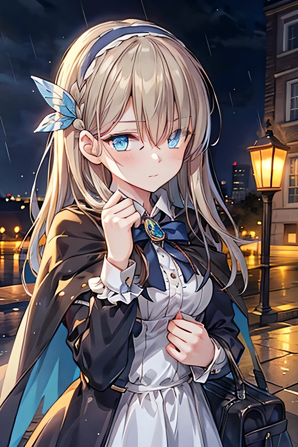 bestquality, 1girl, solo, upper body, looking at viewer, long hair, blue eyes, hair between eyes, bags under eyes, blue capelet, brooch, frilled shirt, wet, jitome, half-closed eyes, expressionless, glowing eyes, gothic architecture, (night), rain, raindrop, raindrop in foreground, haze light, shadow, depth of field, blurry foreground, masterpiece