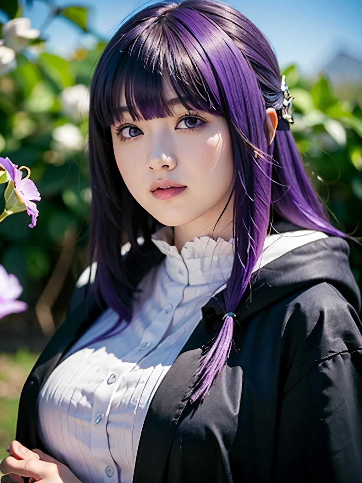 1girl, solo, 17 yo, teenager, (purple hair:1.5), long hair, sidelocks, hair ornament, purple eyes, 
BREAK slender body, short stature, (full Breasts), smile,
BREAK FernBase, purple pupils, long hair, half updo, white dress, collared dress, (((black robe, long sleeve))), 
BREAK upper body,
BREAK (((photorealistic)))masterpiece, best quality, ultra-detailed, butterflies, field of flowers,light particles, perspective from below, no humans, ((dynamic angle)),highly detailed CG HiRes 8k,
BREAK (Shot with a Canon EOS 5D Mark 4 and a Canon EF 85mm F1 lens.2L Lens, F-stop 1.2, ISO50, Shutter Speed ), 
BREAK beautiful and Beautiful Eyes, perfection, perfection, roll your eyes, Detailed face, Beautiful Eyes, Superior Quality, masterpieceHighly detailed, High level of detail, Many details, high quality, Cinematic Light, Real Hands, (Ultra-realistic:1.3), perfectionな目, Detailed skin, Skin wounds, Lip gloss, 