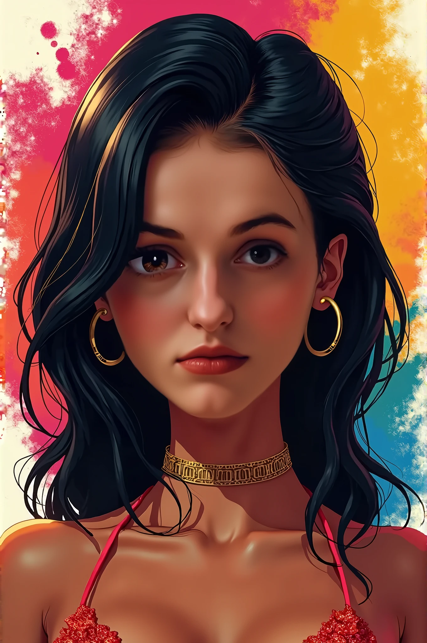 design de camiseta, design redondo, fundo preto, 2D vetor, arte centralizada, tema floral, cores vividas, rosto de uma boneca pin-up, rosto realista, detalhes intrincados, pele sedosa, olhos vibrantes, lighting by REMBRADT, Adobe Illustration, Trand on Artstation, 8K, hd, arte magnifica, obra-prima, por Rafael Albuquerque, Yoshitaka Amano, --no camiseta, mockup, -