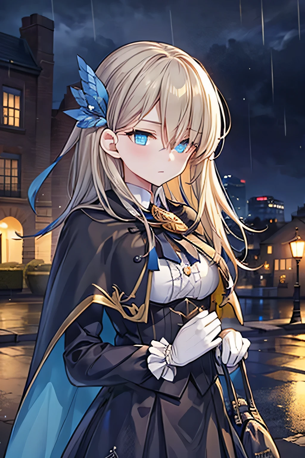 bestquality, 1girl, solo, upper body, looking at viewer, long hair, blue eyes, hair between eyes, bags under eyes, blue capelet, brooch, frilled shirt, wet, jitome, half-closed eyes, expressionless, glowing eyes, gothic architecture, (night), rain, raindrop, raindrop in foreground, haze light, shadow, depth of field, blurry foreground, masterpiece