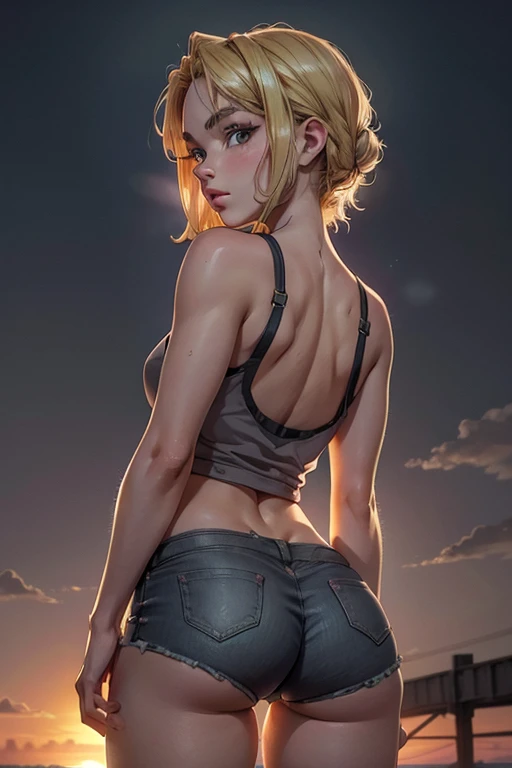 (4K, top-quality, hight resolution:1.1), Bright blonde hair, short-hair, American boyish girl, crotch open, Smiling, Draw so that the crotch cloth of white underwear is visible, Skirt flipping, ((Tight, Denim, a miniskirt)), Choker, (Graffiti:1.5), Paint splashes, When I look through the viewfinder , A bracelet, Thigh strap, Body Painting, Head tilt, Blonde hair, iris blue eyes, (Body shiny with oil), 8K resolution, intricate clothing, Intricate details, 1girll, Solo, Standing, Cowboy Shot, Arms at sides, from behind,hindquarters, , heart cutout, buttock incision, (tight miniskirt, String panties)